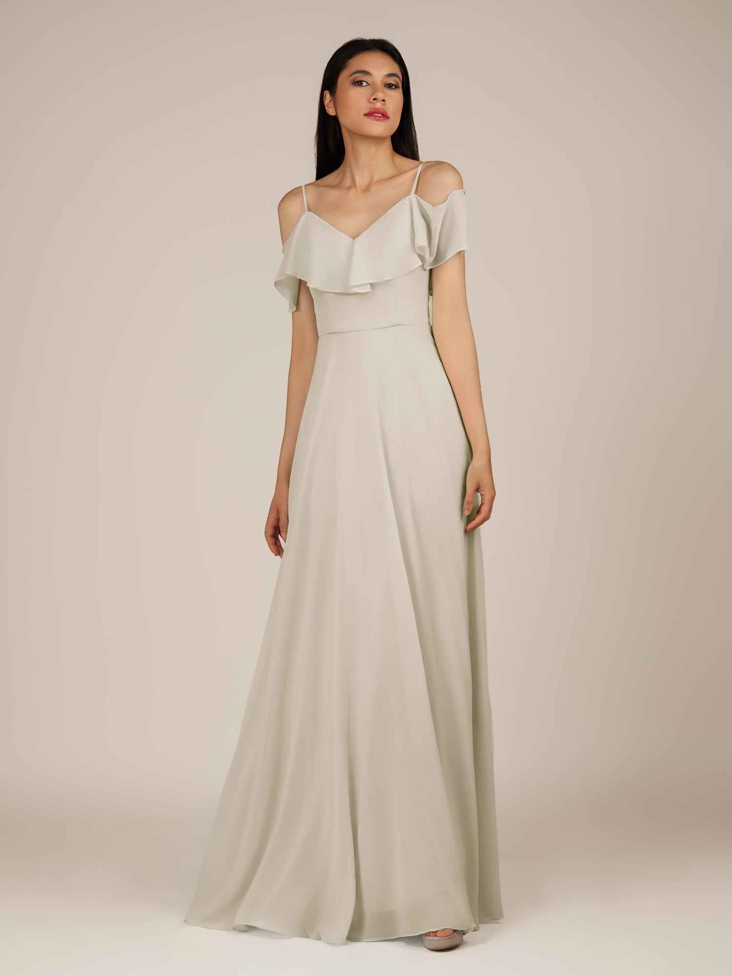 KissDress-Junessa Dove Gray A Line Off the Shoulder Chiffon Long Bridesmaid Dress with Ruffles