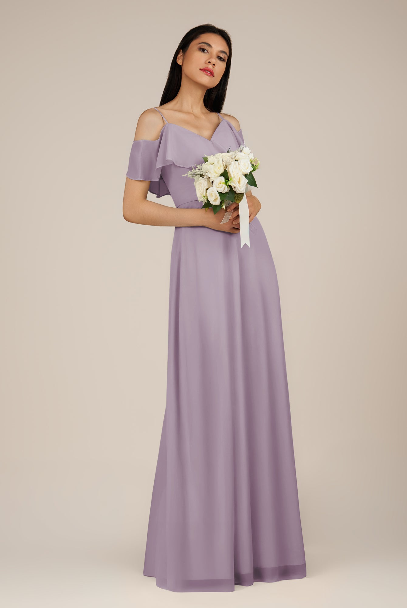 KissDress-Junessa Dusk A Line Off the Shoulder Chiffon Long Bridesmaid Dress with Ruffles