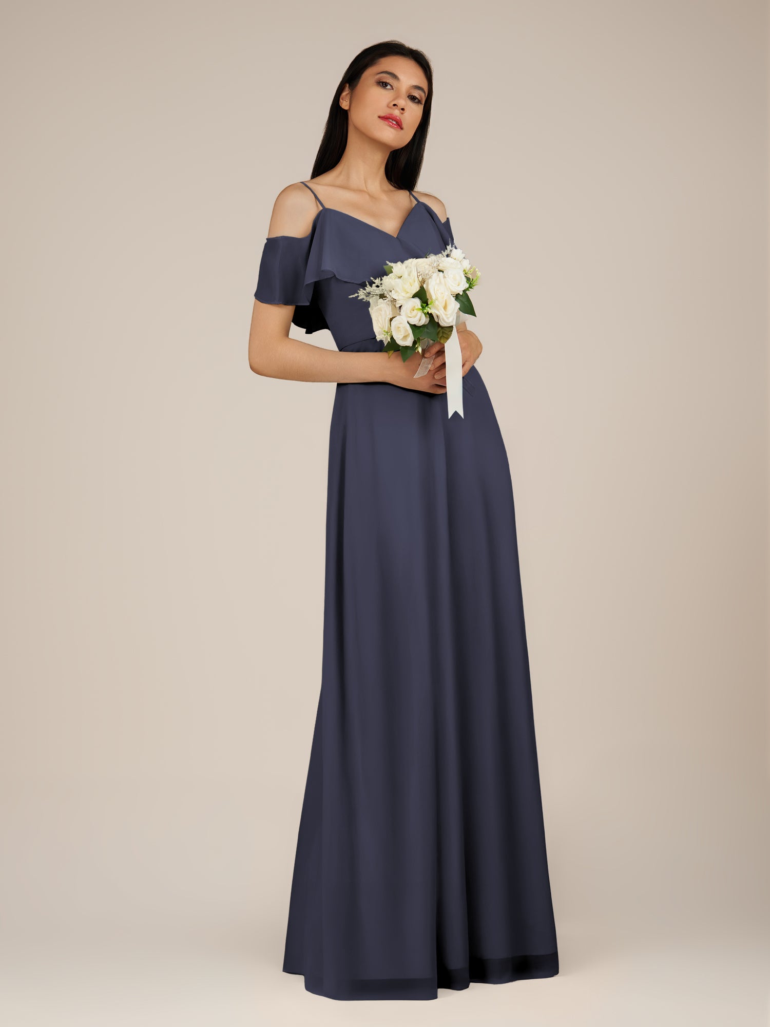 KissDress-Junessa Dusk Blue A Line Off the Shoulder Chiffon Long Bridesmaid Dress with Ruffles
