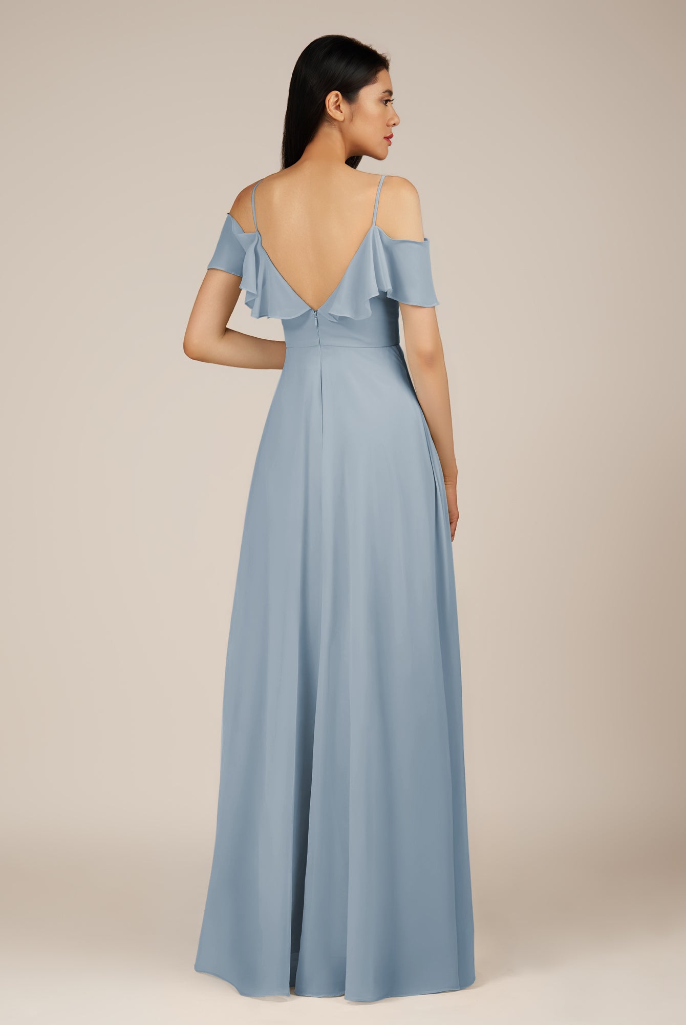 KissDress-Junessa Dusty Blue A Line Off the Shoulder Chiffon Long Bridesmaid Dress with Ruffles