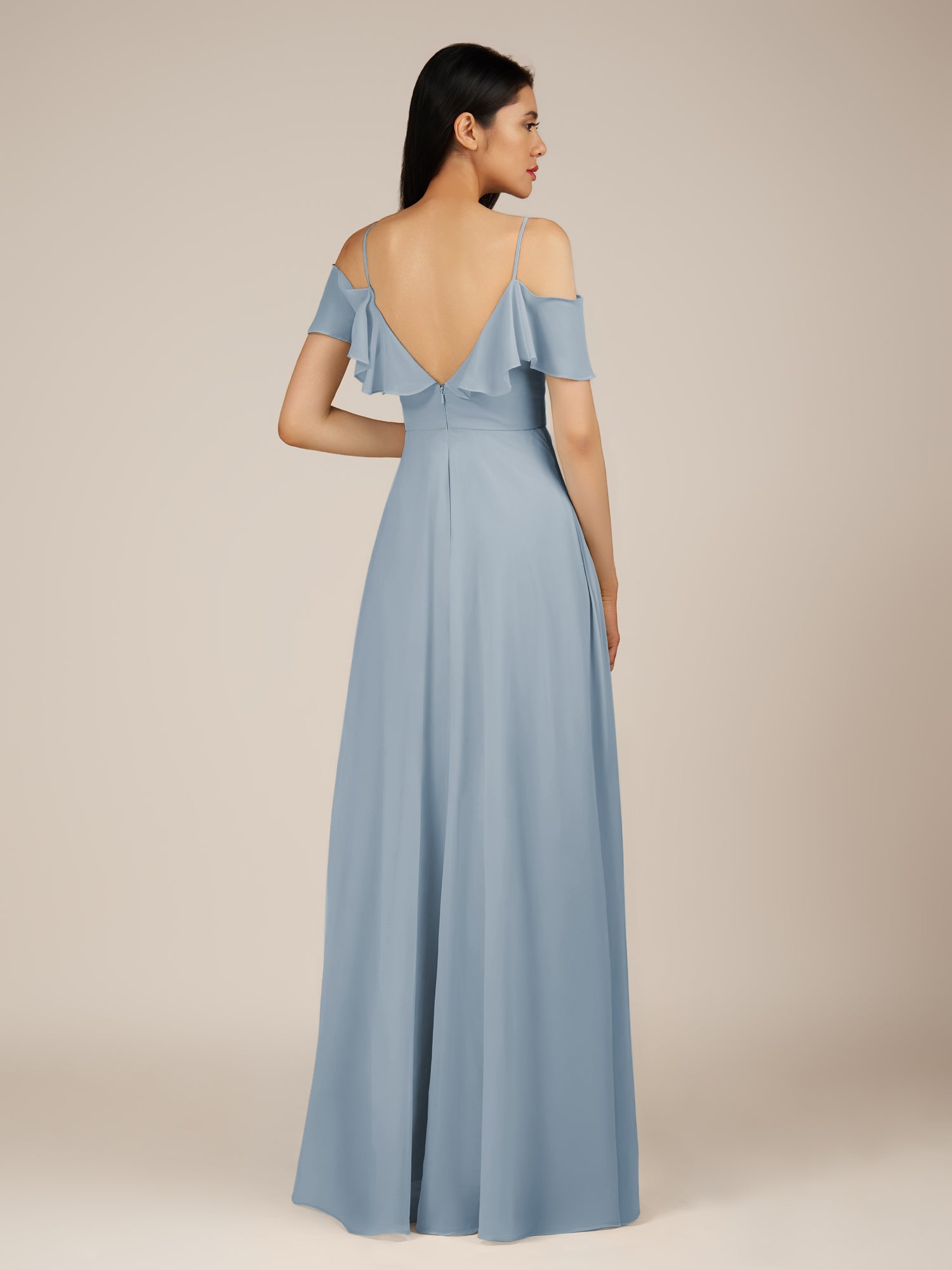 KissDress-Junessa Dusty Blue A Line Off the Shoulder Chiffon Long Bridesmaid Dress with Ruffles