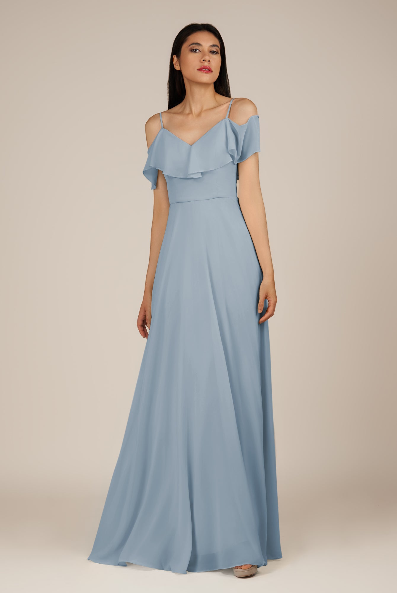 KissDress-Junessa Dusty Blue A Line Off the Shoulder Chiffon Long Bridesmaid Dress with Ruffles