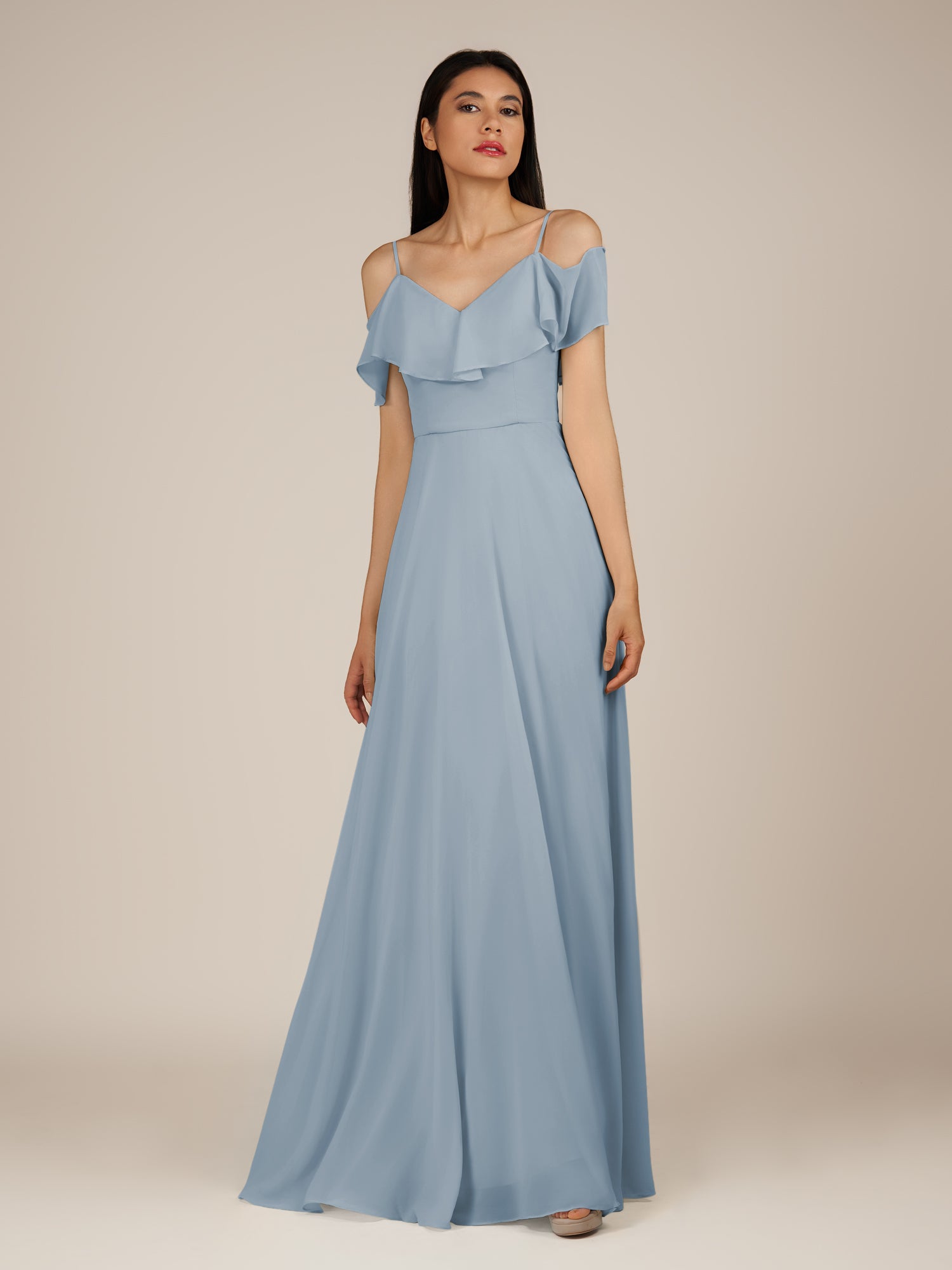 KissDress-Junessa Dusty Blue A Line Off the Shoulder Chiffon Long Bridesmaid Dress with Ruffles