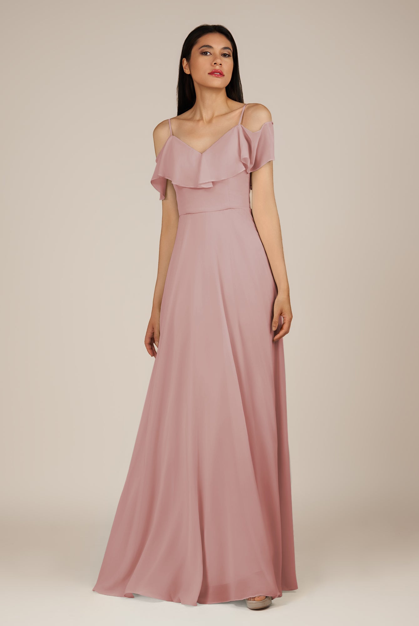 KissDress-Junessa Dusty Rose A Line Off the Shoulder Chiffon Long Bridesmaid Dress with Ruffles