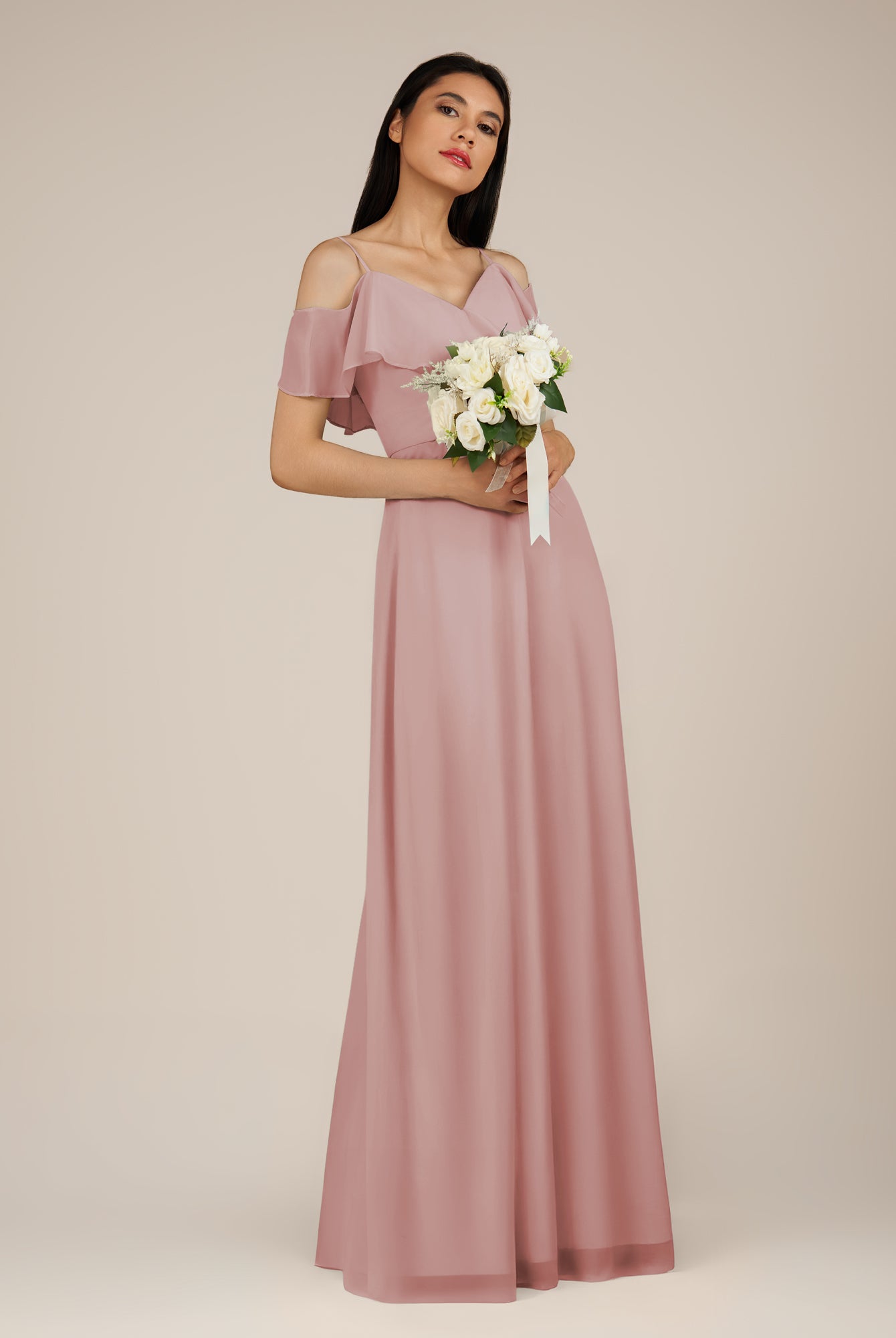 KissDress-Junessa Dusty Rose A Line Off the Shoulder Chiffon Long Bridesmaid Dress with Ruffles