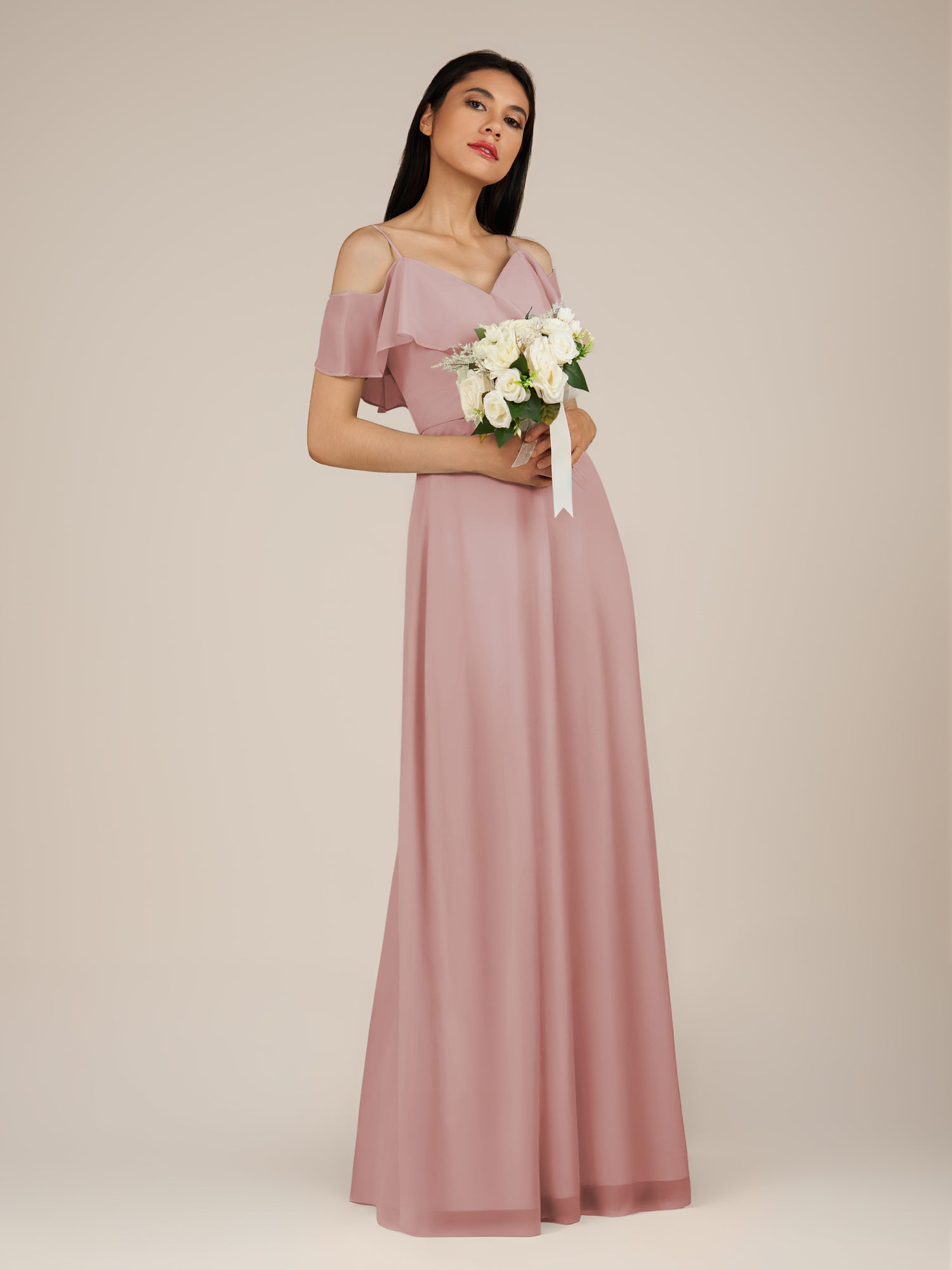 KissDress-Junessa Dusty Rose A Line Off the Shoulder Chiffon Long Bridesmaid Dress with Ruffles