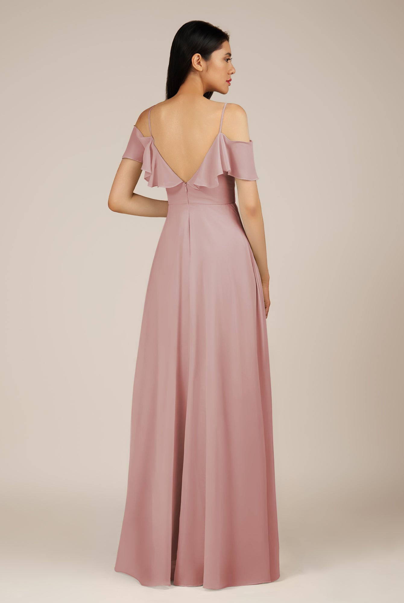 KissDress-Junessa Dusty Rose A Line Off the Shoulder Chiffon Long Bridesmaid Dress with Ruffles