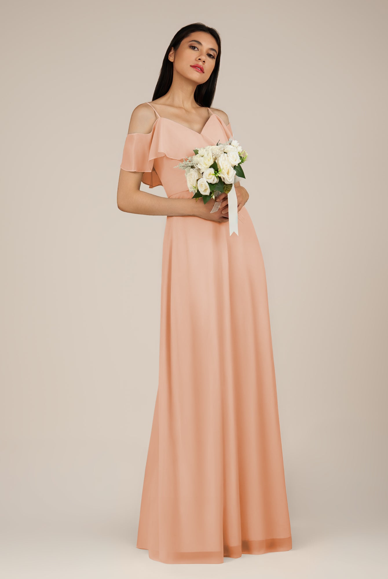 KissDress-Junessa English Rose A Line Off the Shoulder Chiffon Long Bridesmaid Dress with Ruffles