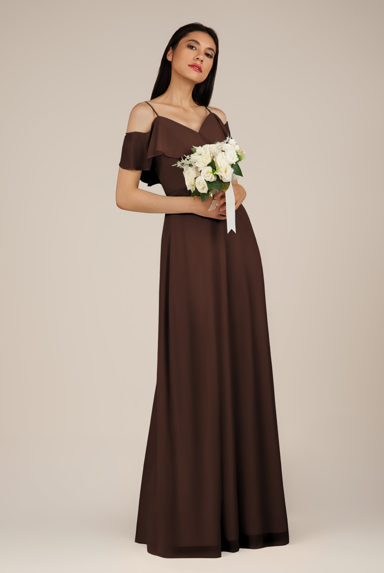 KissDress-Junessa Espresso A Line Off the Shoulder Chiffon Long Bridesmaid Dress with Ruffles