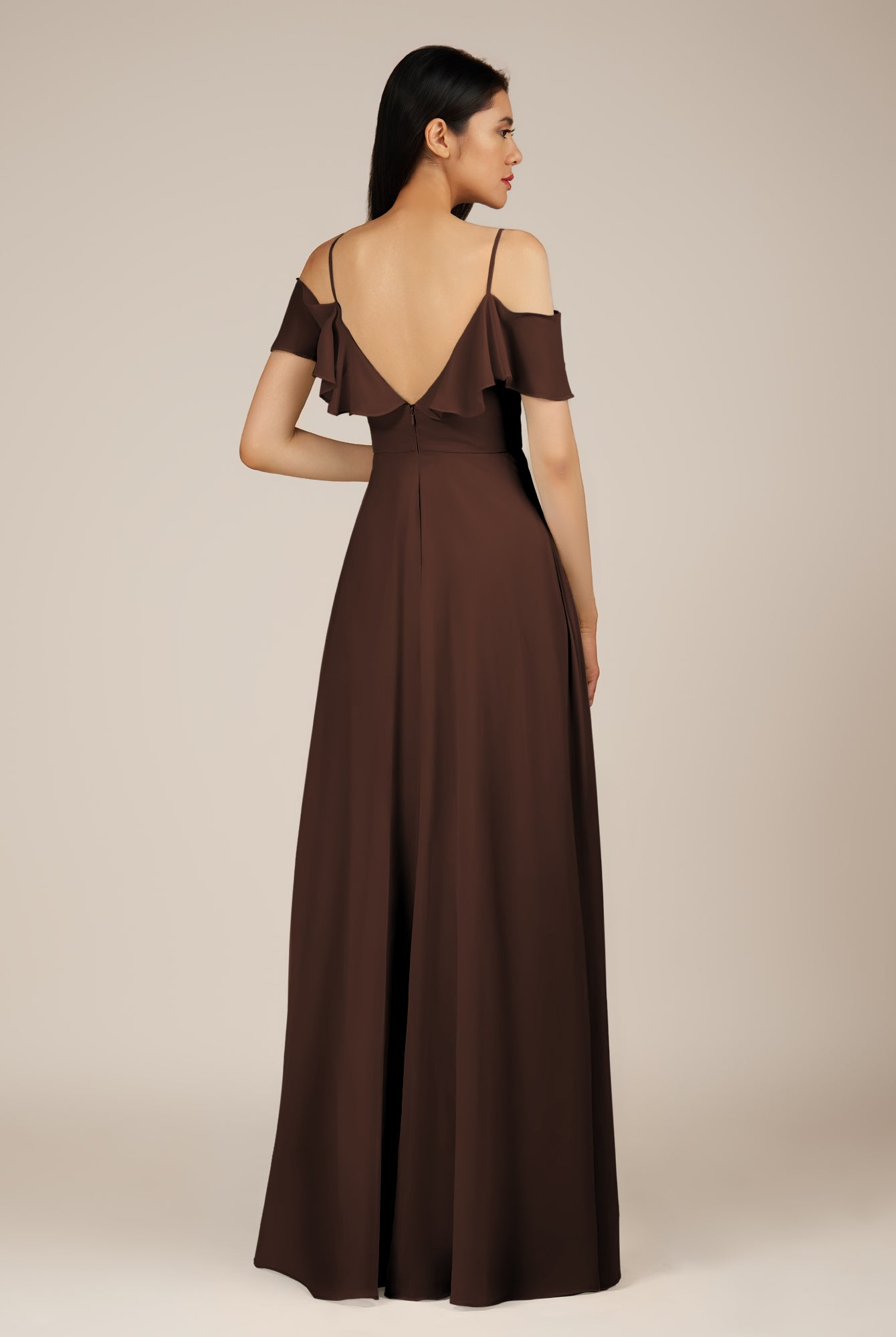 KissDress-Junessa Espresso A Line Off the Shoulder Chiffon Long Bridesmaid Dress with Ruffles