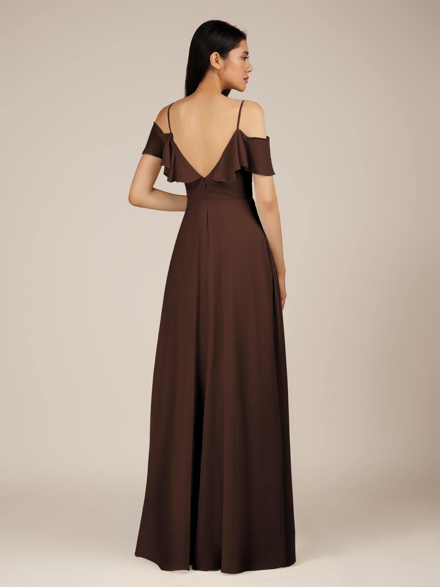 KissDress-Junessa Espresso A Line Off the Shoulder Chiffon Long Bridesmaid Dress with Ruffles