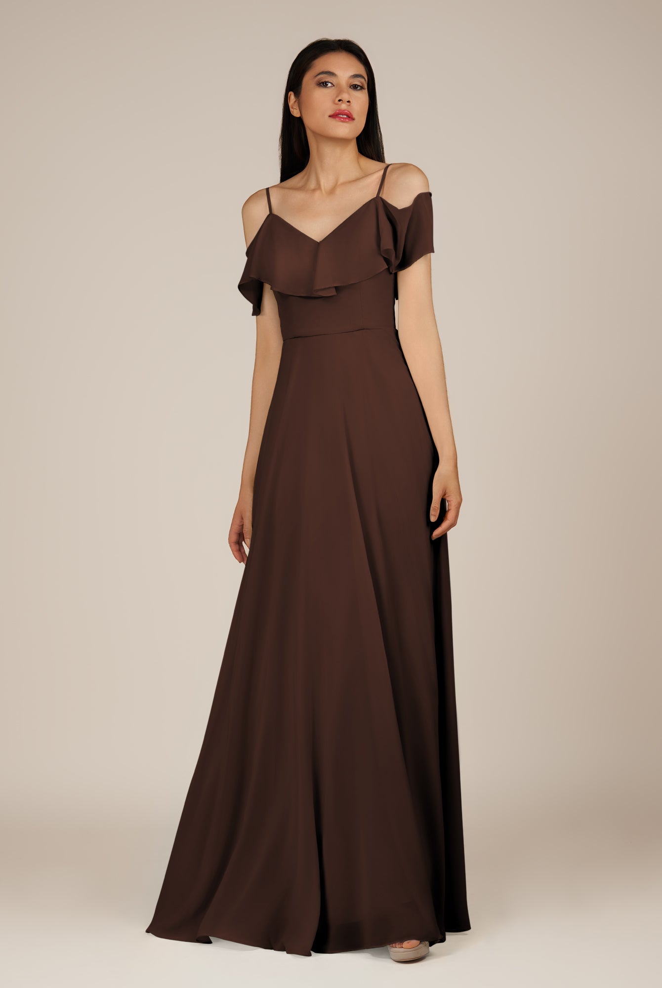 KissDress-Junessa Espresso A Line Off the Shoulder Chiffon Long Bridesmaid Dress with Ruffles