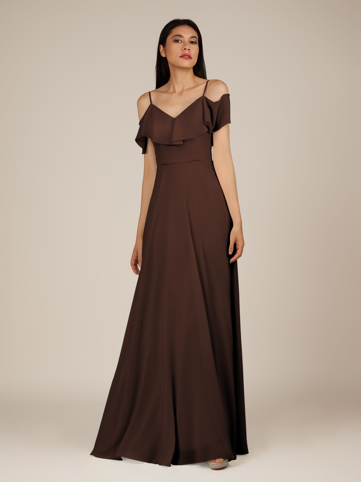 KissDress-Junessa Espresso A Line Off the Shoulder Chiffon Long Bridesmaid Dress with Ruffles