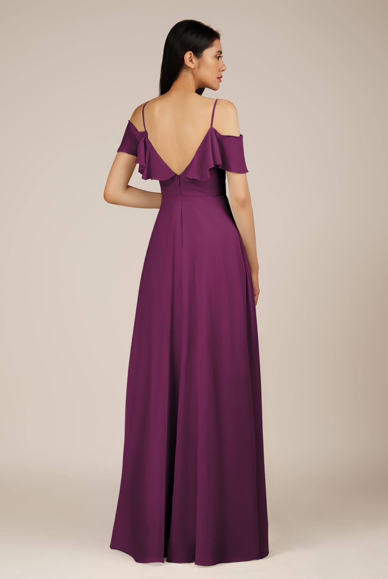 KissDress-Junessa Fig A Line Off the Shoulder Chiffon Long Bridesmaid Dress with Ruffles