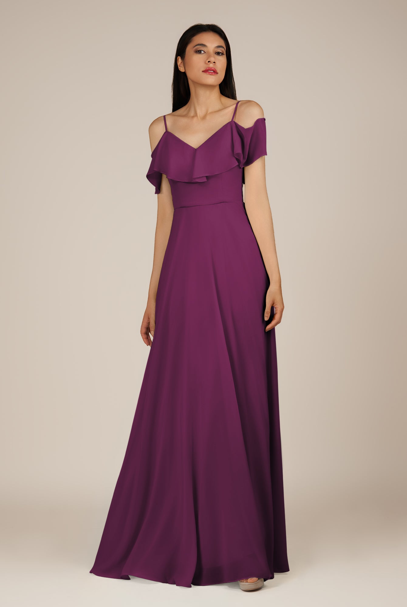 KissDress-Junessa Fig A Line Off the Shoulder Chiffon Long Bridesmaid Dress with Ruffles