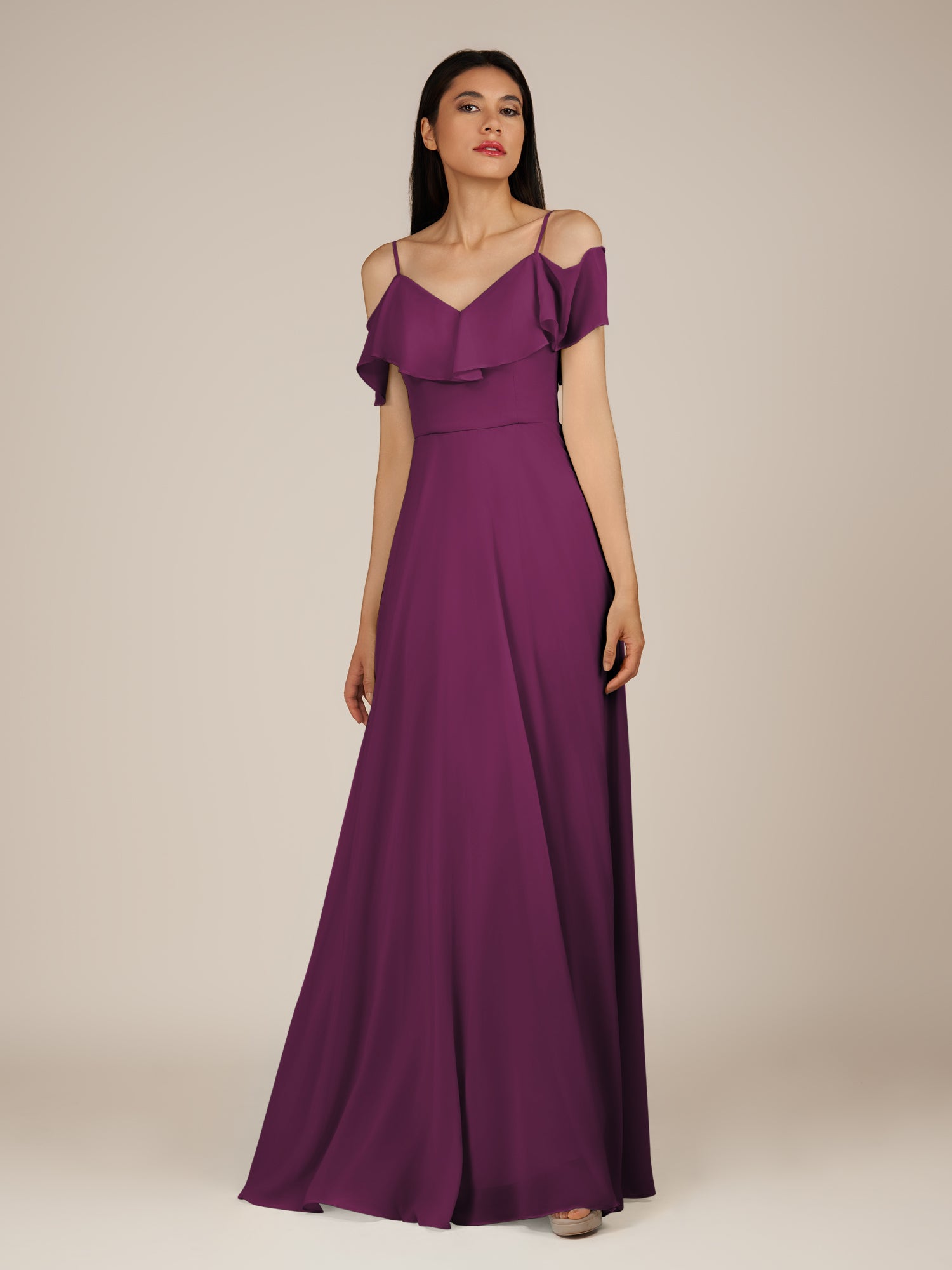 KissDress-Junessa Fig A Line Off the Shoulder Chiffon Long Bridesmaid Dress with Ruffles