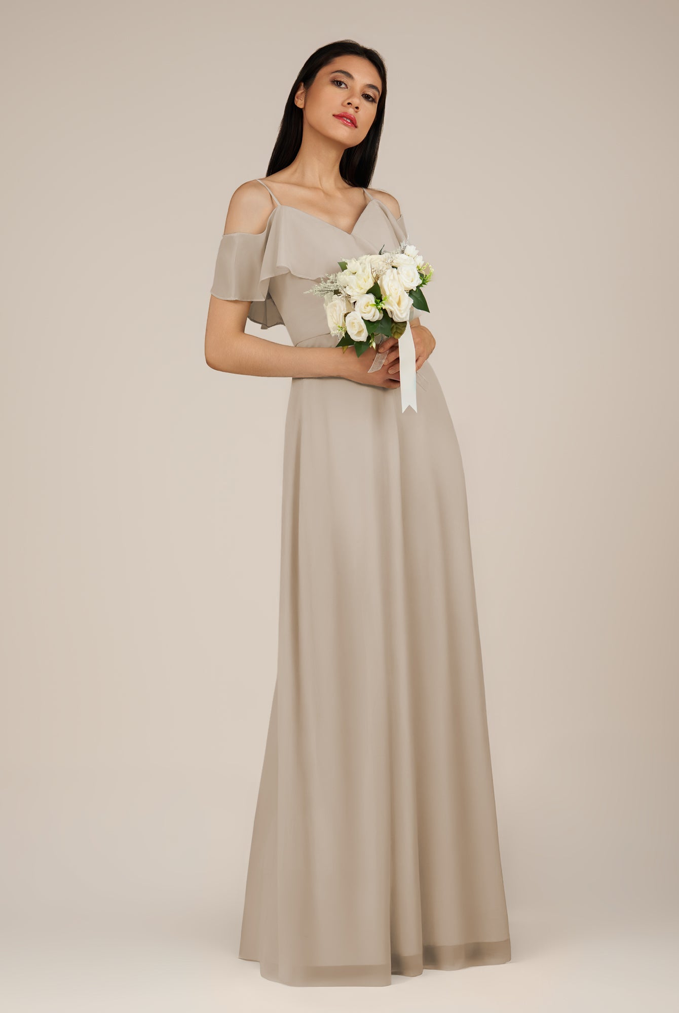 KissDress-Junessa Frost A Line Off the Shoulder Chiffon Long Bridesmaid Dress with Ruffles