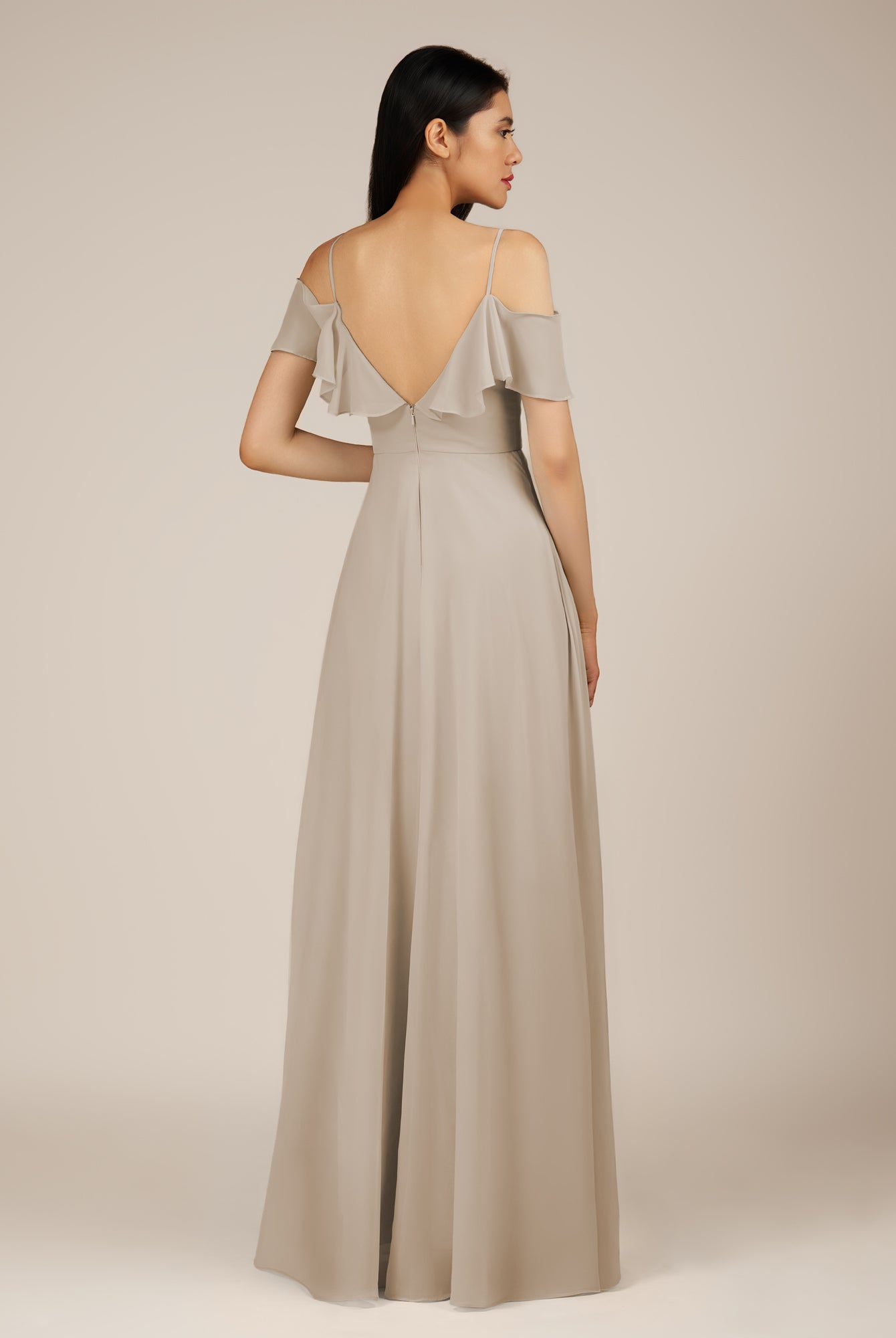 KissDress-Junessa Frost A Line Off the Shoulder Chiffon Long Bridesmaid Dress with Ruffles