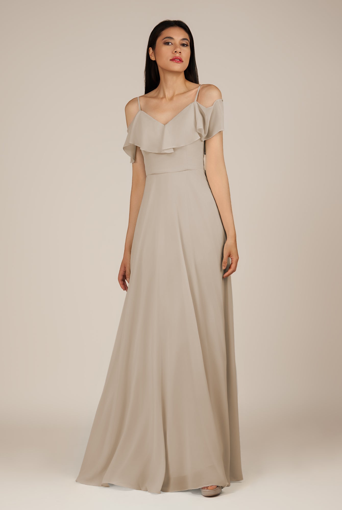 KissDress-Junessa Frost A Line Off the Shoulder Chiffon Long Bridesmaid Dress with Ruffles