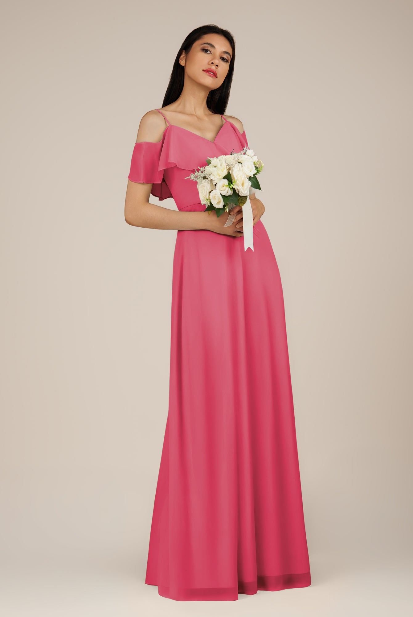 KissDress-Junessa Fuchsia A Line Off the Shoulder Chiffon Long Bridesmaid Dress with Ruffles