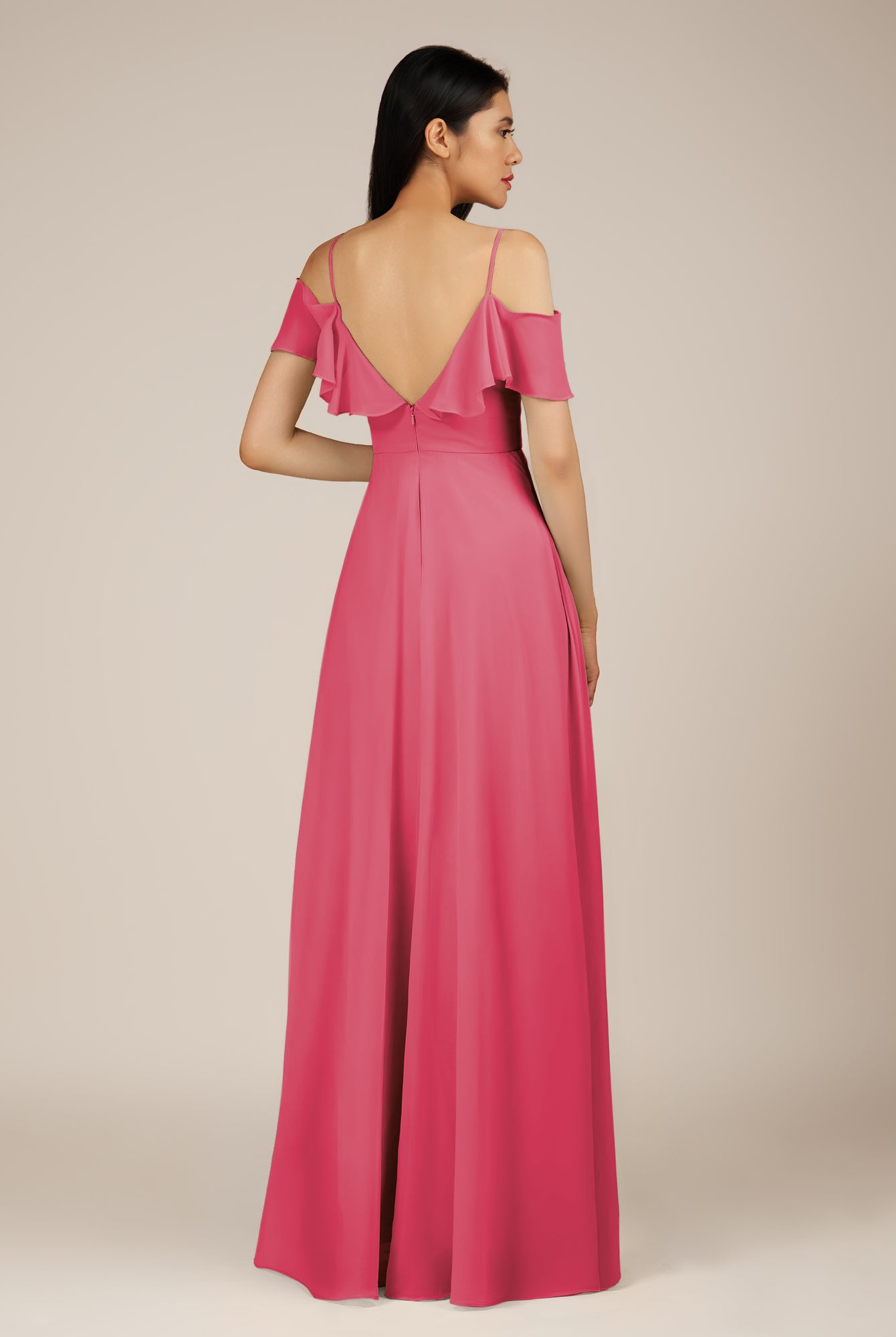 KissDress-Junessa Fuchsia A Line Off the Shoulder Chiffon Long Bridesmaid Dress with Ruffles