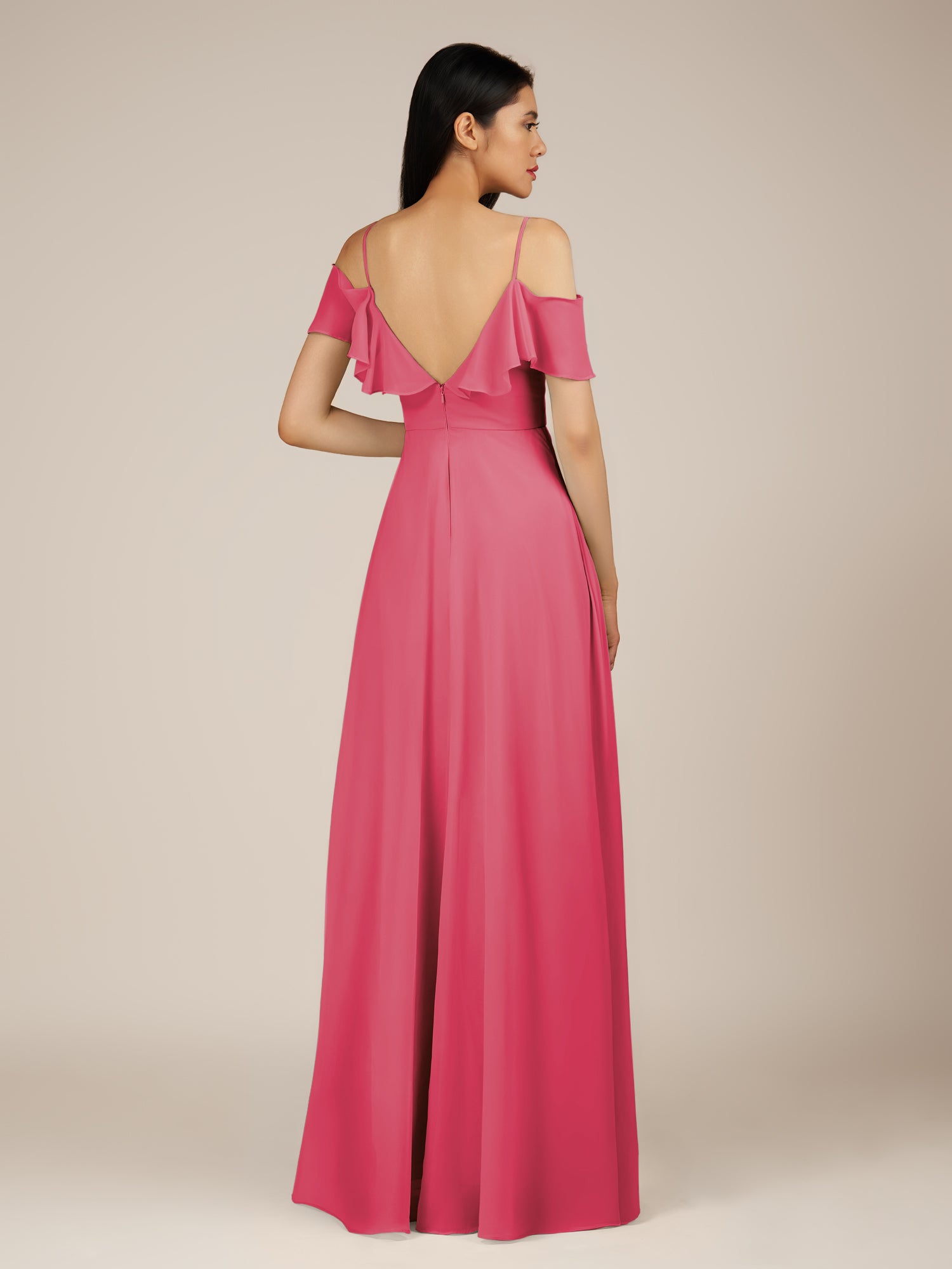 KissDress-Junessa Fuchsia A Line Off the Shoulder Chiffon Long Bridesmaid Dress with Ruffles
