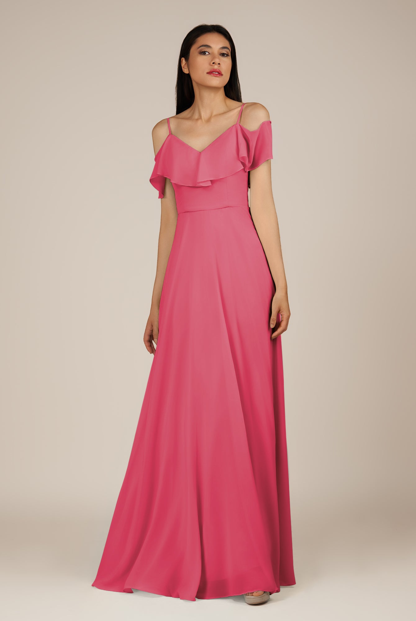 KissDress-Junessa Fuchsia A Line Off the Shoulder Chiffon Long Bridesmaid Dress with Ruffles