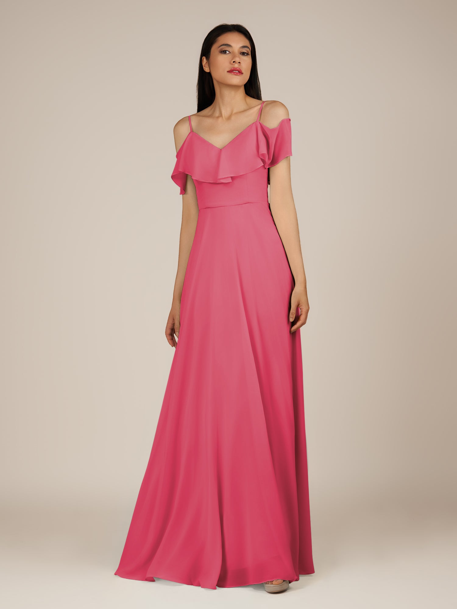 KissDress-Junessa Fuchsia A Line Off the Shoulder Chiffon Long Bridesmaid Dress with Ruffles