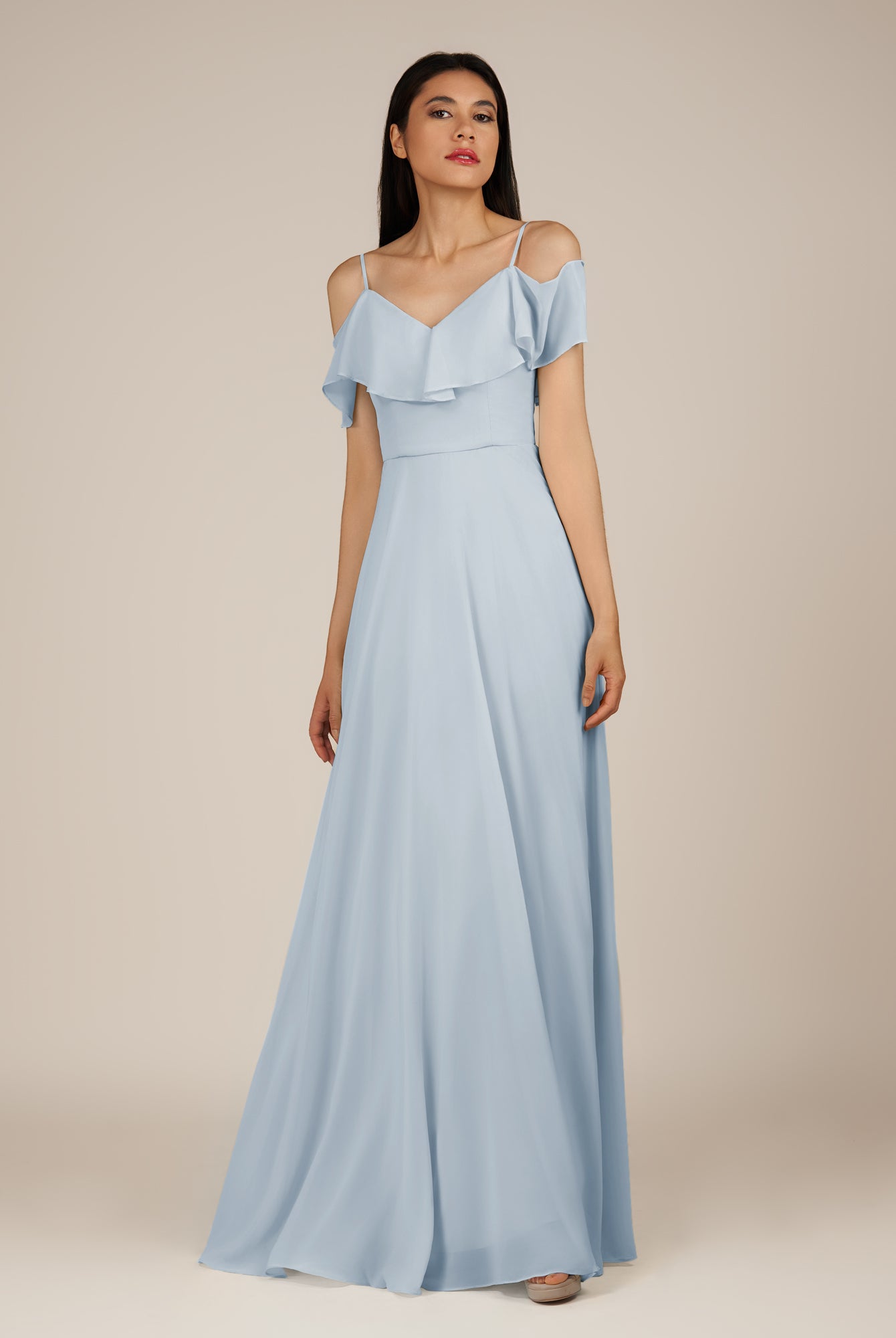 KissDress-Junessa Ice A Line Off the Shoulder Chiffon Long Bridesmaid Dress with Ruffles
