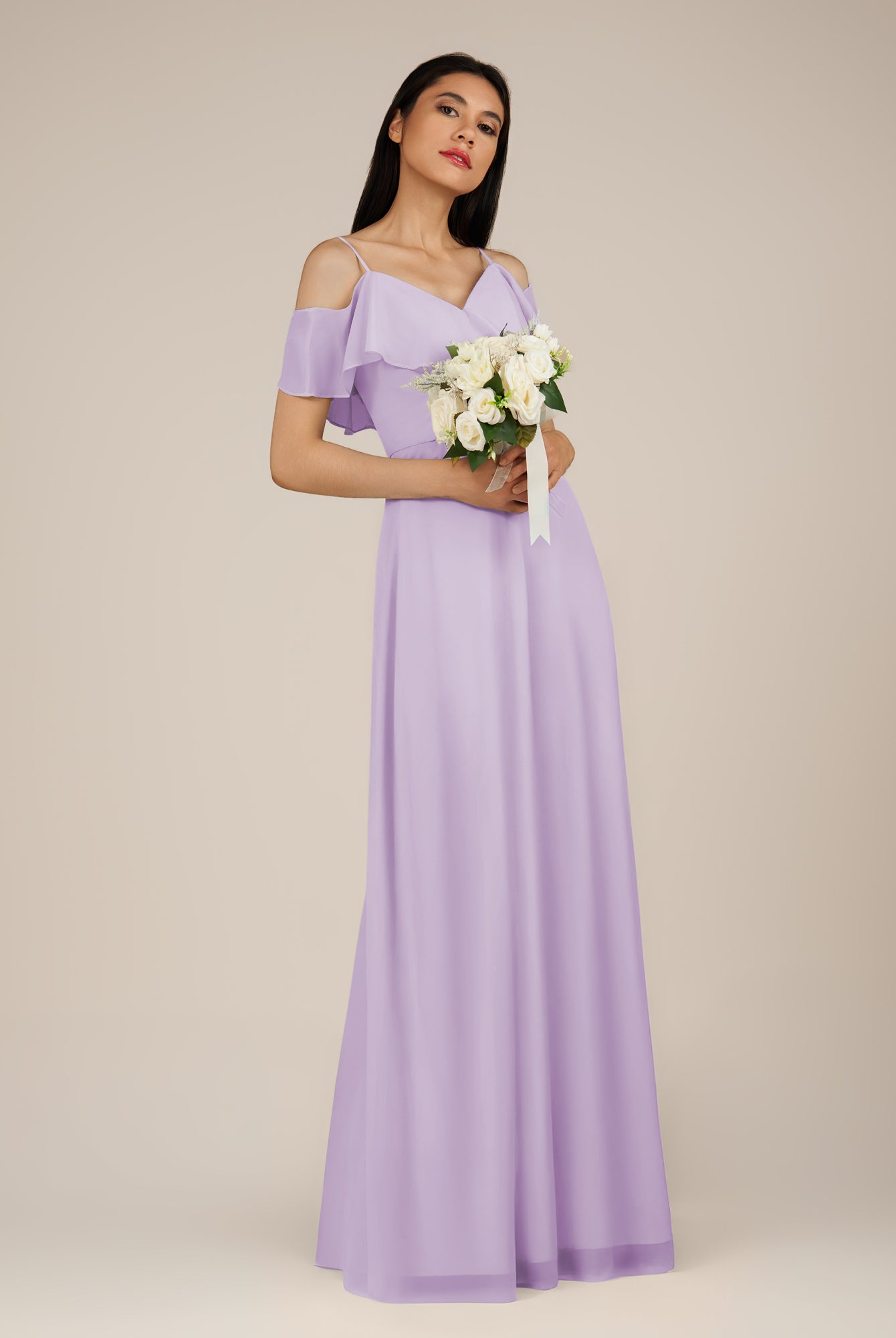 KissDress-Junessa Lavender A Line Off the Shoulder Chiffon Long Bridesmaid Dress with Ruffles