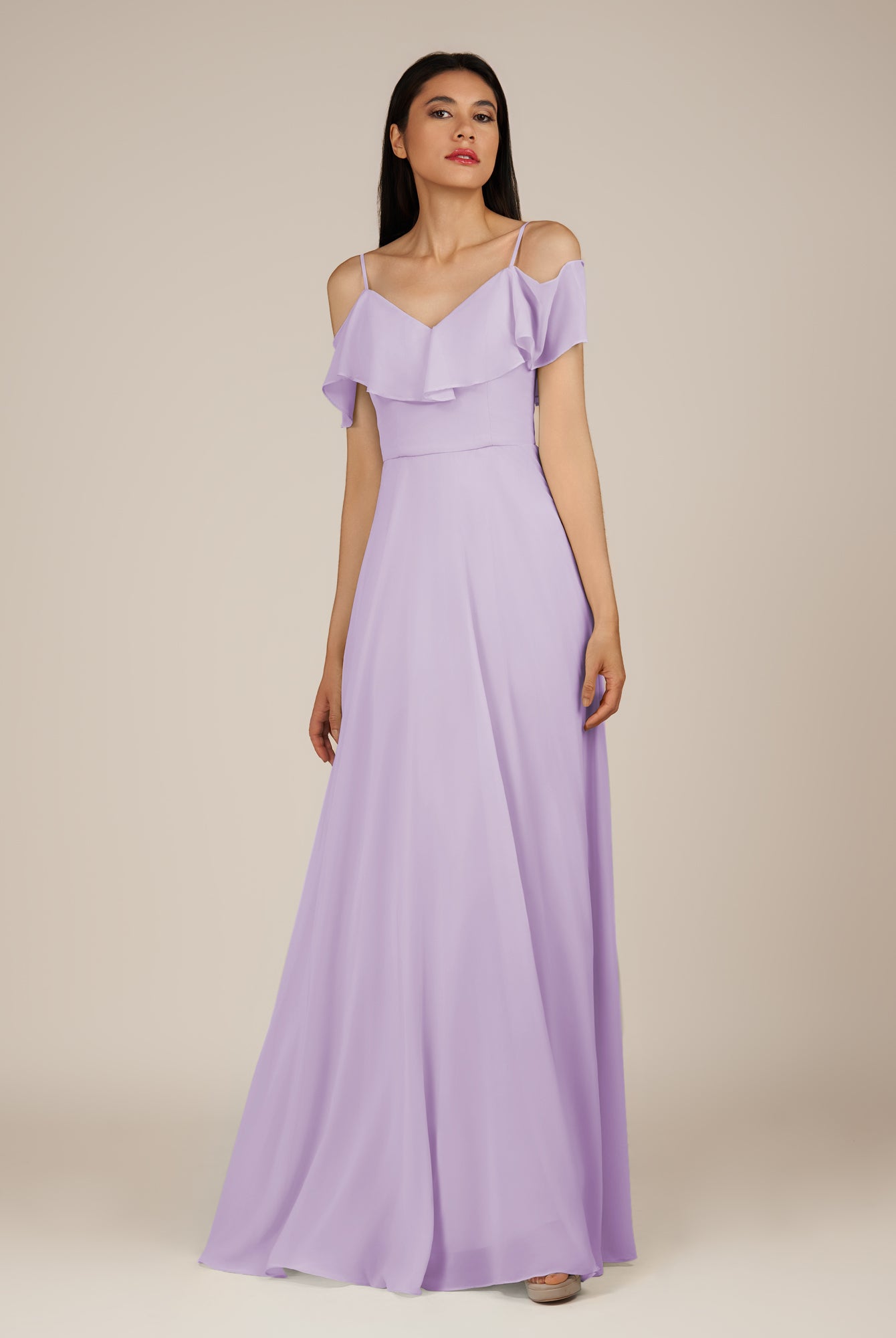 KissDress-Junessa Lavender A Line Off the Shoulder Chiffon Long Bridesmaid Dress with Ruffles
