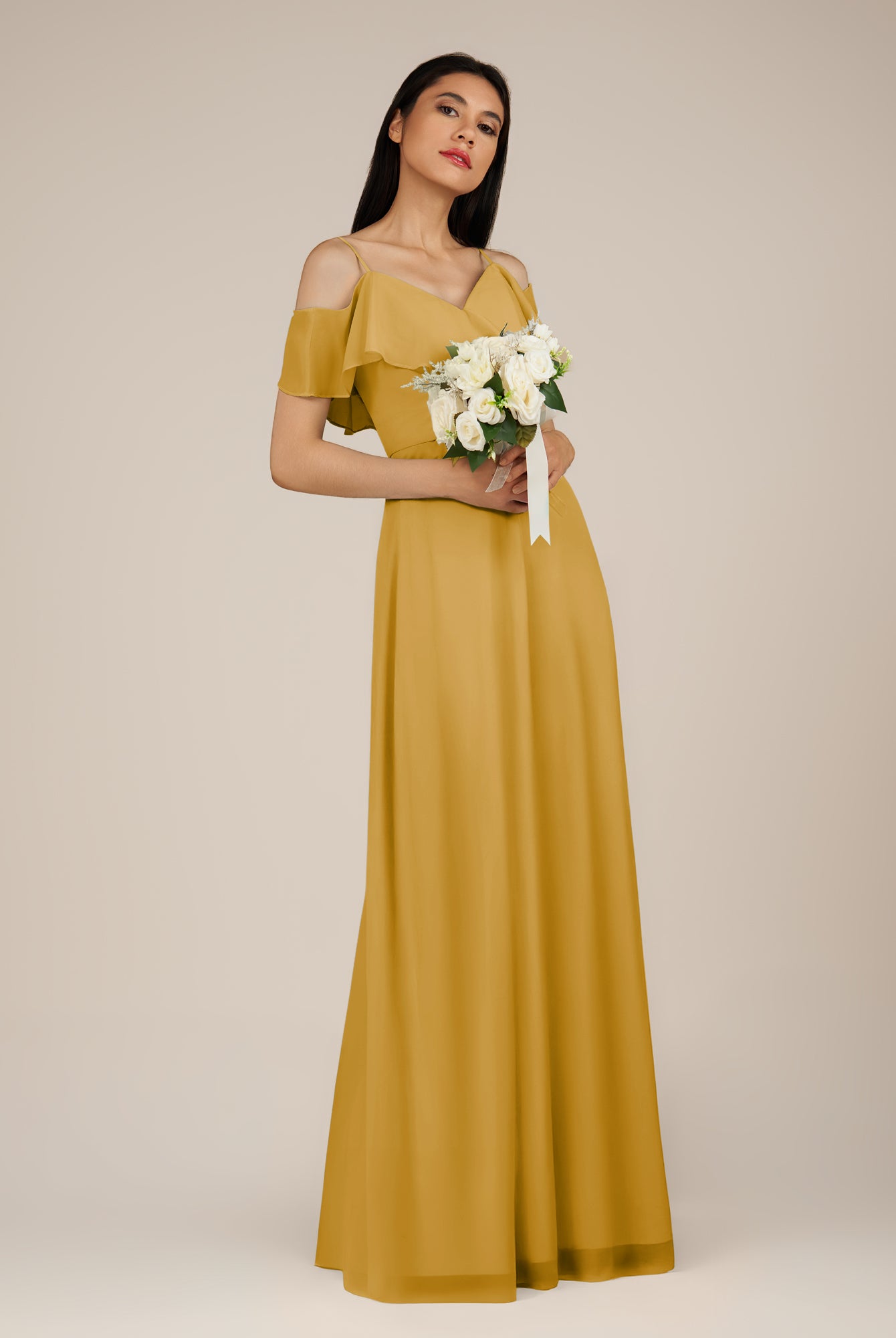 KissDress-Junessa Marigold A Line Off the Shoulder Chiffon Long Bridesmaid Dress with Ruffles