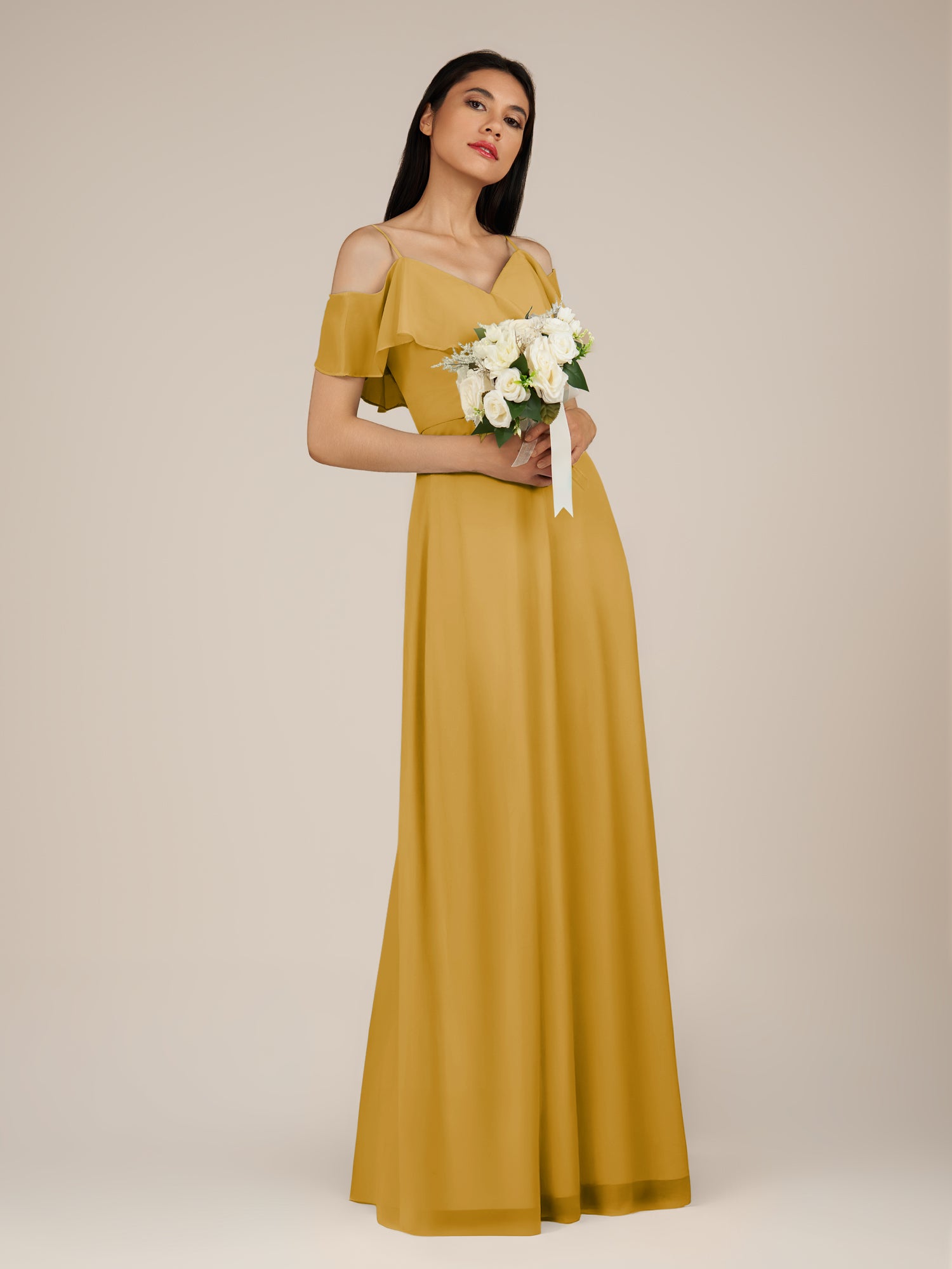 KissDress-Junessa Marigold A Line Off the Shoulder Chiffon Long Bridesmaid Dress with Ruffles