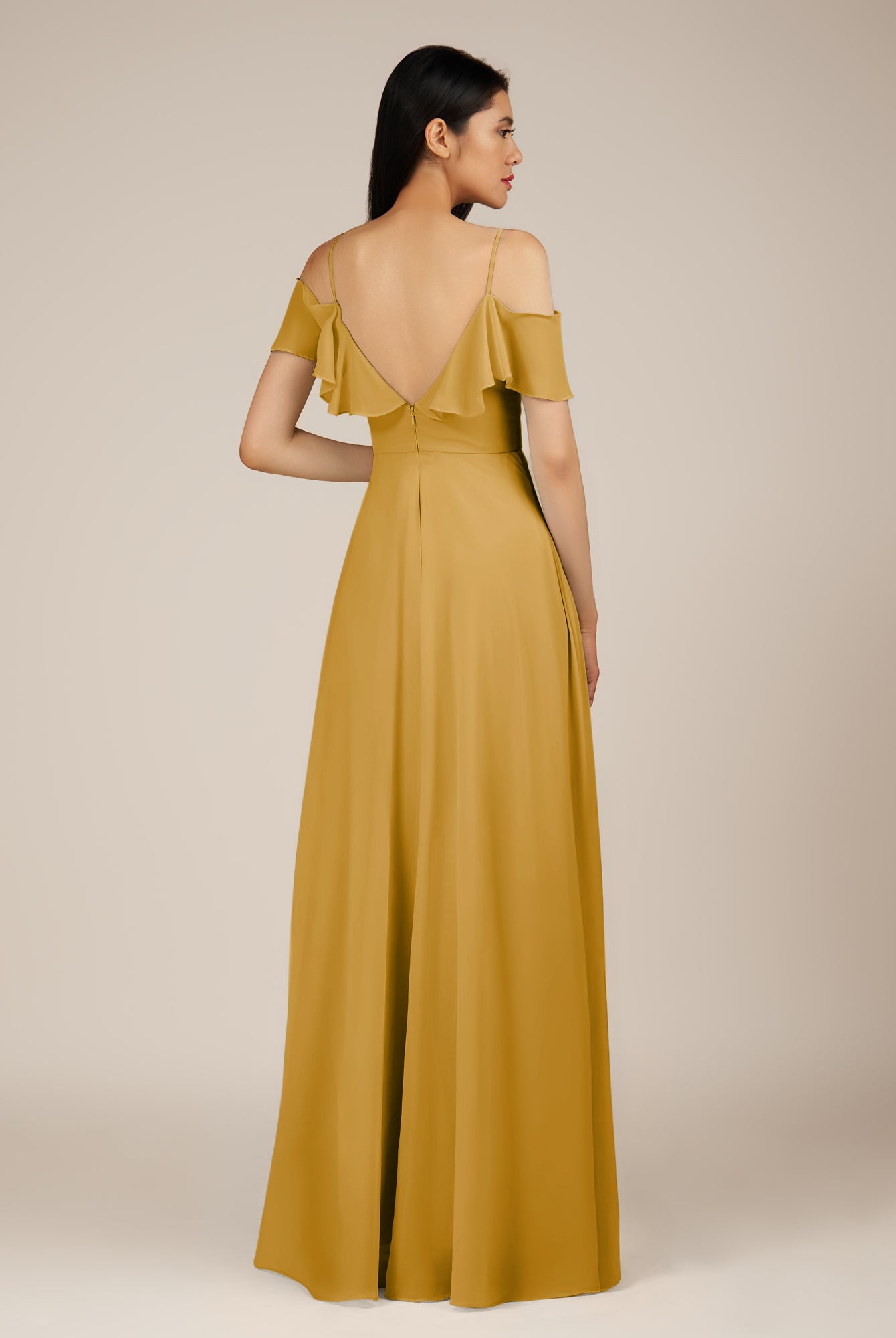 KissDress-Junessa Marigold A Line Off the Shoulder Chiffon Long Bridesmaid Dress with Ruffles
