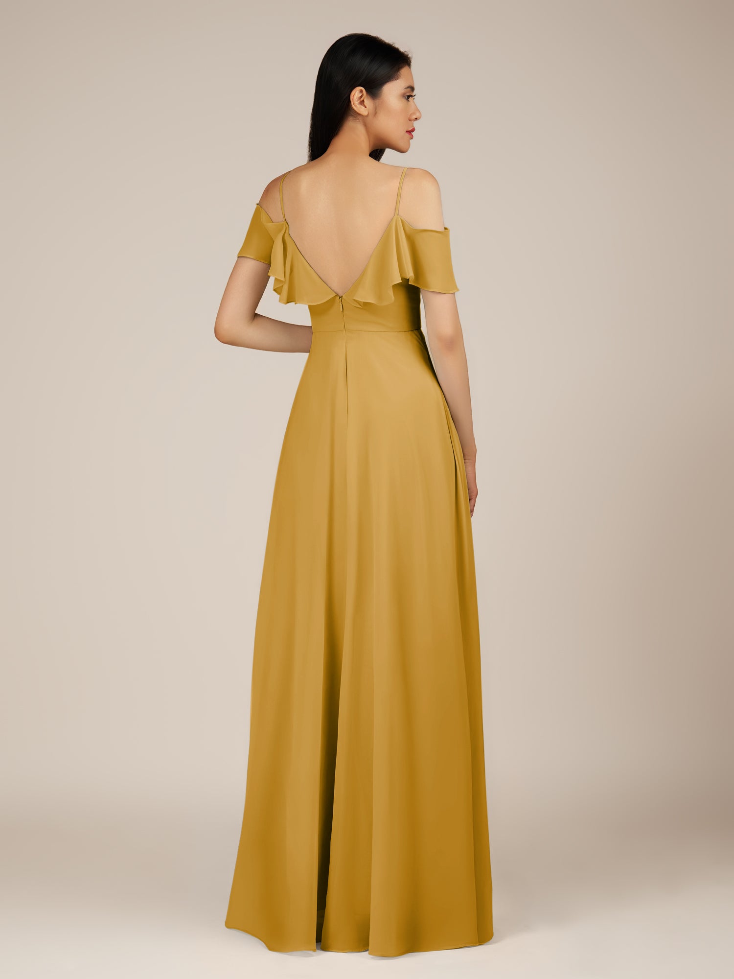 KissDress-Junessa Marigold A Line Off the Shoulder Chiffon Long Bridesmaid Dress with Ruffles