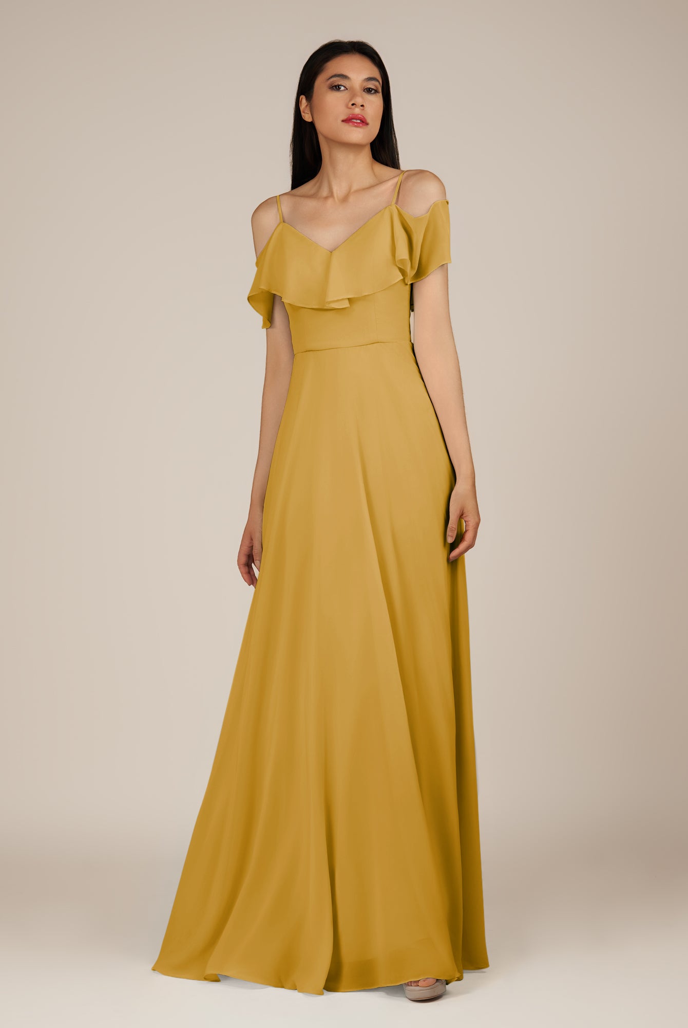 KissDress-Junessa Marigold A Line Off the Shoulder Chiffon Long Bridesmaid Dress with Ruffles