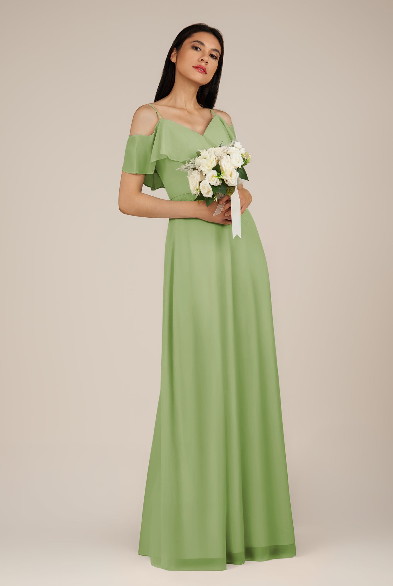 KissDress-Junessa Matcha A Line Off the Shoulder Chiffon Long Bridesmaid Dress with Ruffles