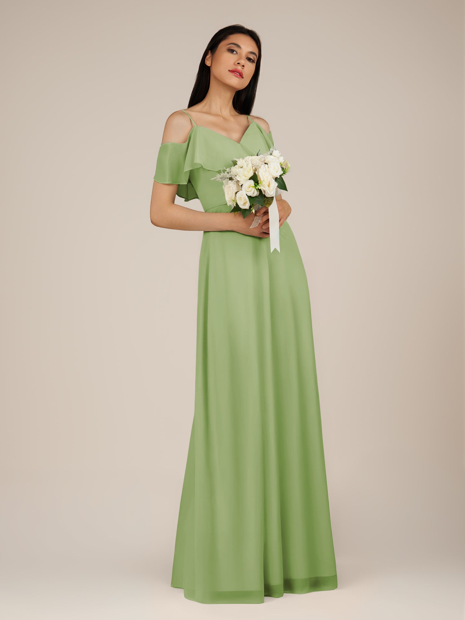 KissDress-Junessa Matcha A Line Off the Shoulder Chiffon Long Bridesmaid Dress with Ruffles