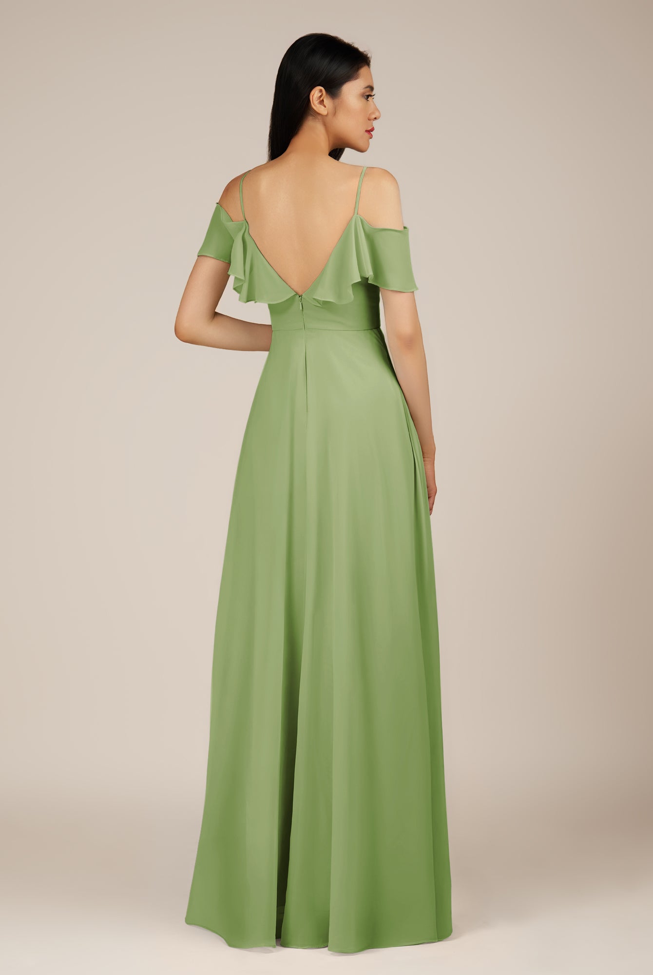 KissDress-Junessa Matcha A Line Off the Shoulder Chiffon Long Bridesmaid Dress with Ruffles