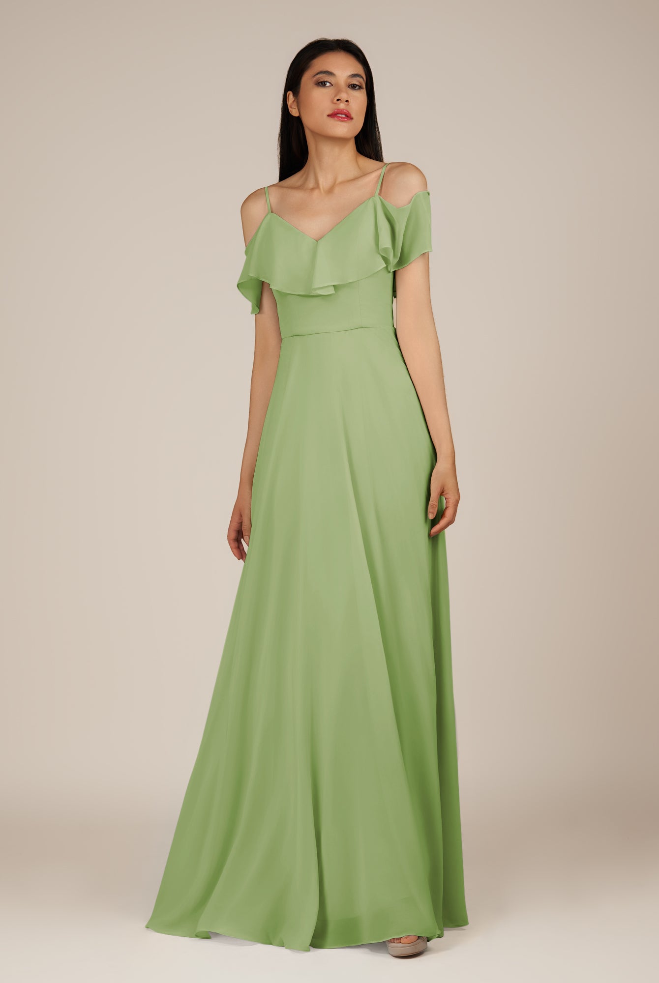 KissDress-Junessa Matcha A Line Off the Shoulder Chiffon Long Bridesmaid Dress with Ruffles