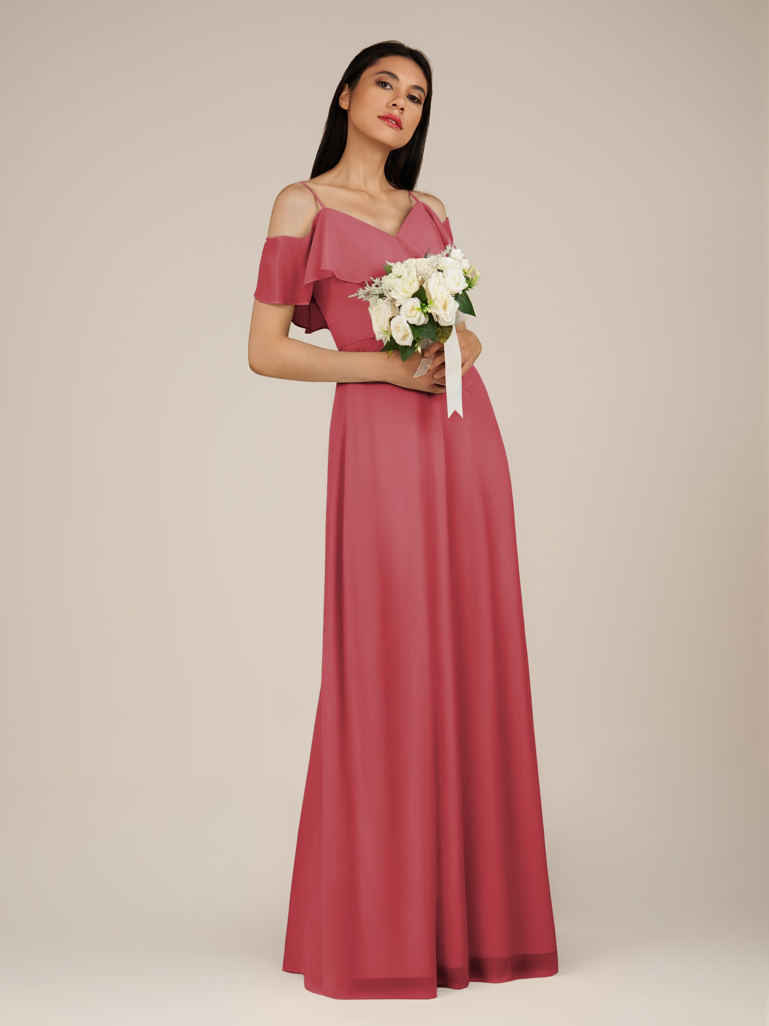 KissDress-Junessa Merlot A Line Off the Shoulder Chiffon Long Bridesmaid Dress with Ruffles
