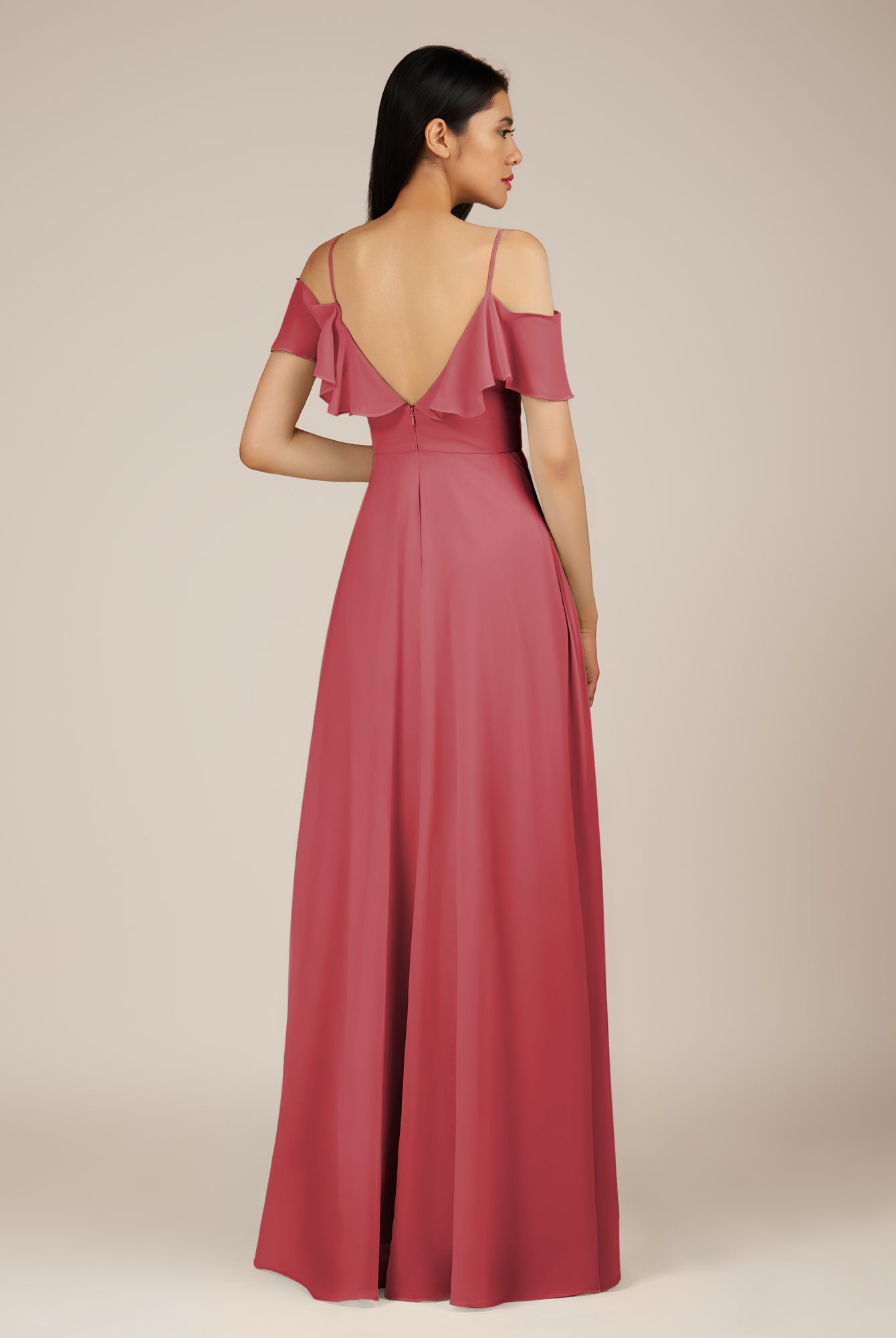 KissDress-Junessa Merlot A Line Off the Shoulder Chiffon Long Bridesmaid Dress with Ruffles