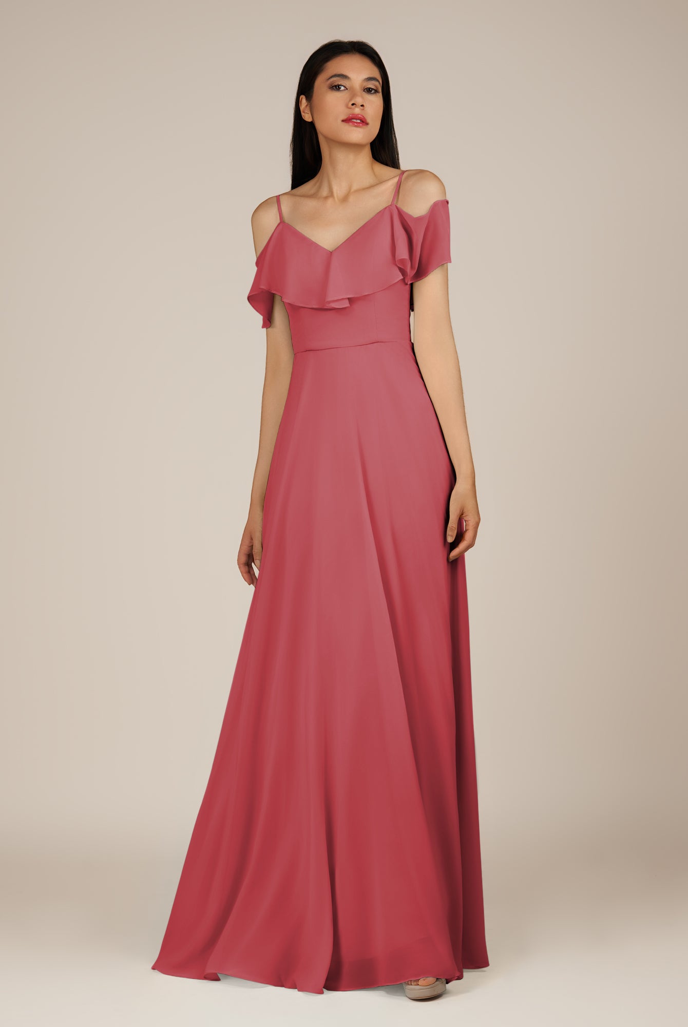 KissDress-Junessa Merlot A Line Off the Shoulder Chiffon Long Bridesmaid Dress with Ruffles