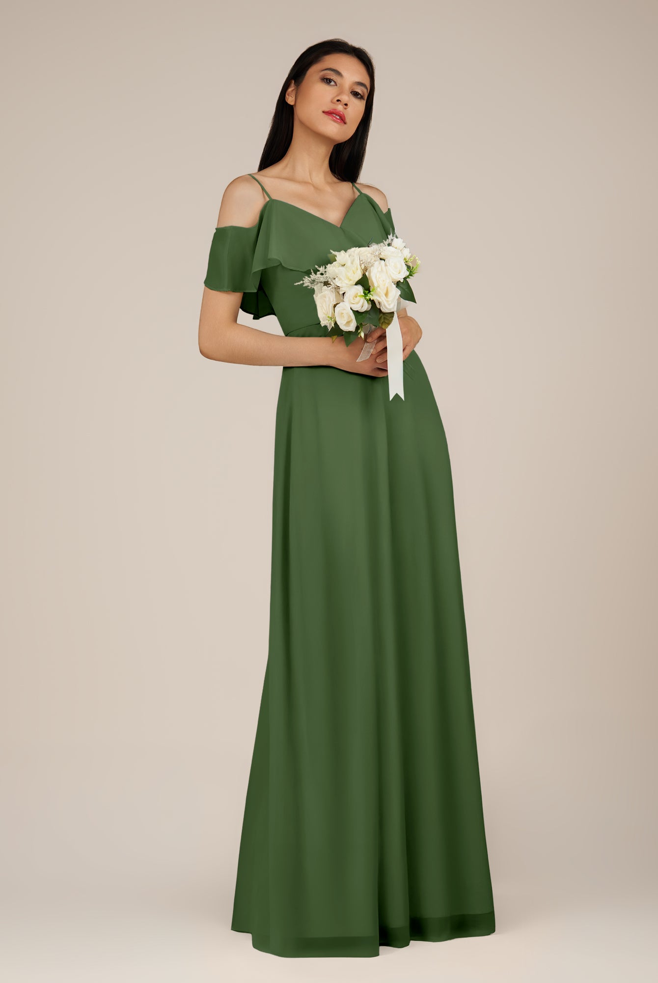 KissDress-Junessa Moss A Line Off the Shoulder Chiffon Long Bridesmaid Dress with Ruffles