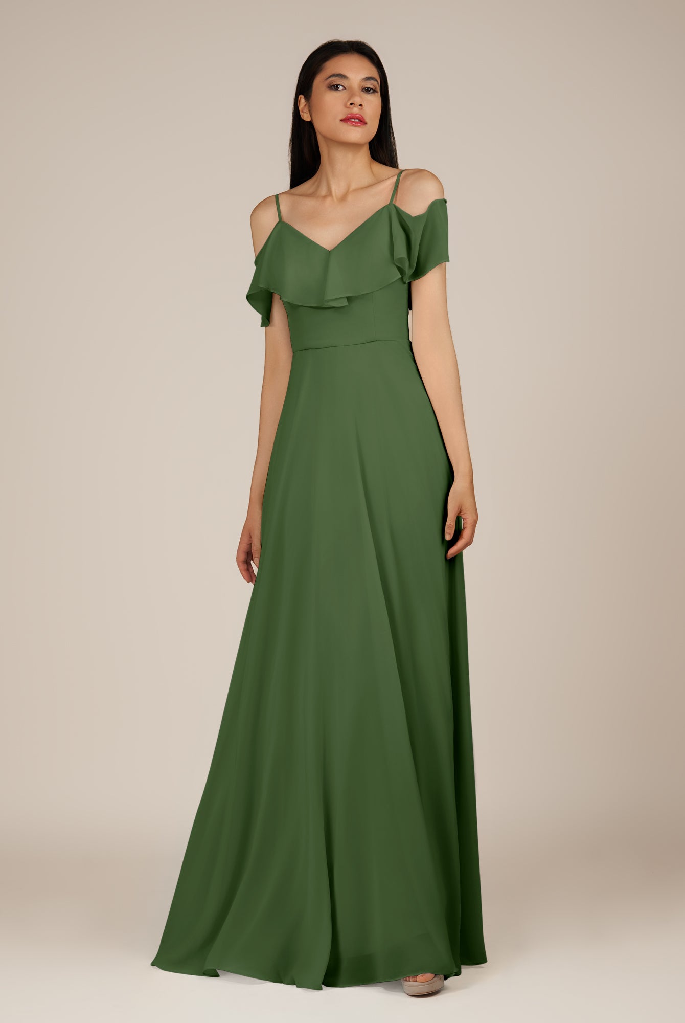 KissDress-Junessa Moss A Line Off the Shoulder Chiffon Long Bridesmaid Dress with Ruffles