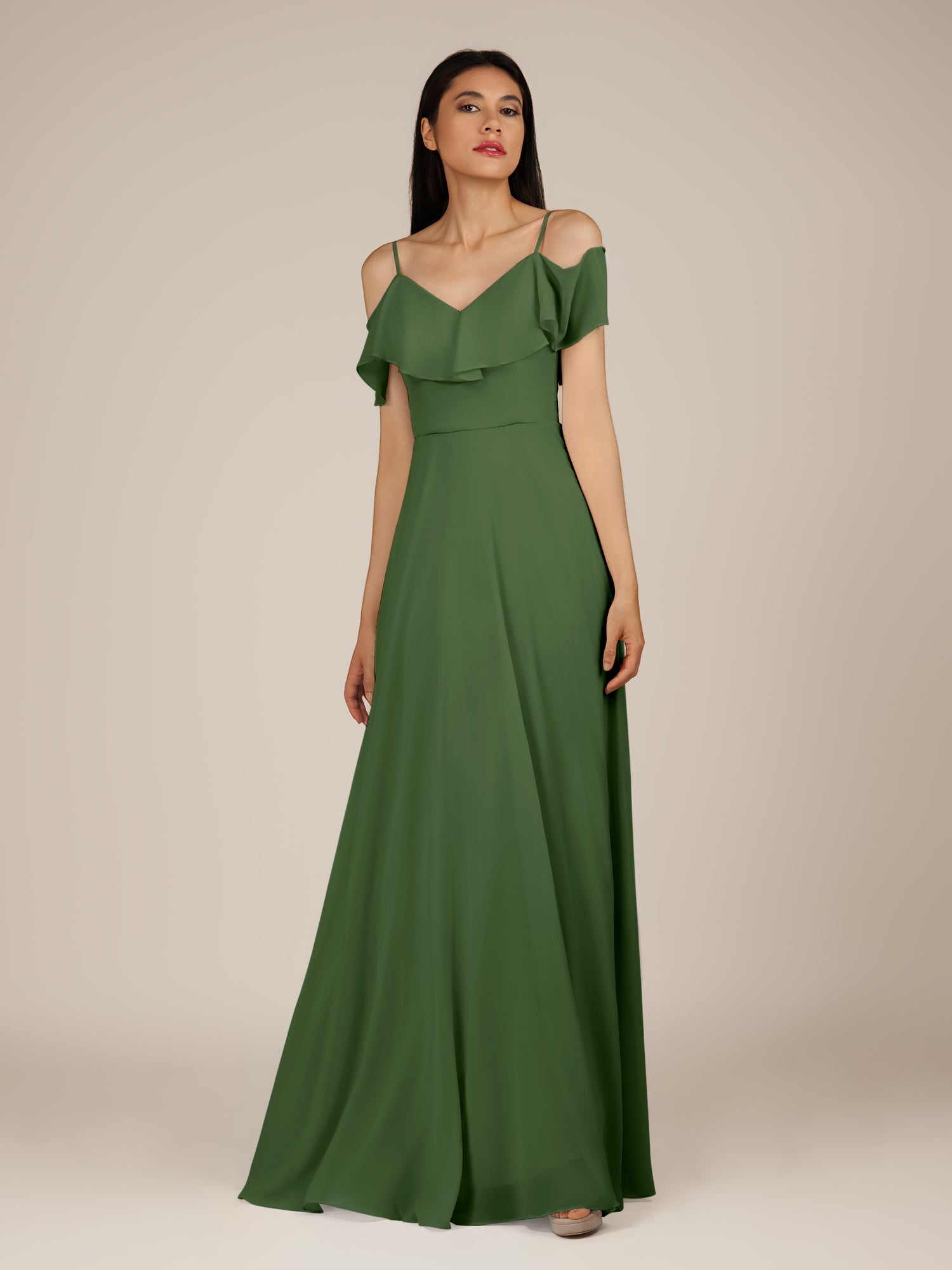 KissDress-Junessa Moss A Line Off the Shoulder Chiffon Long Bridesmaid Dress with Ruffles