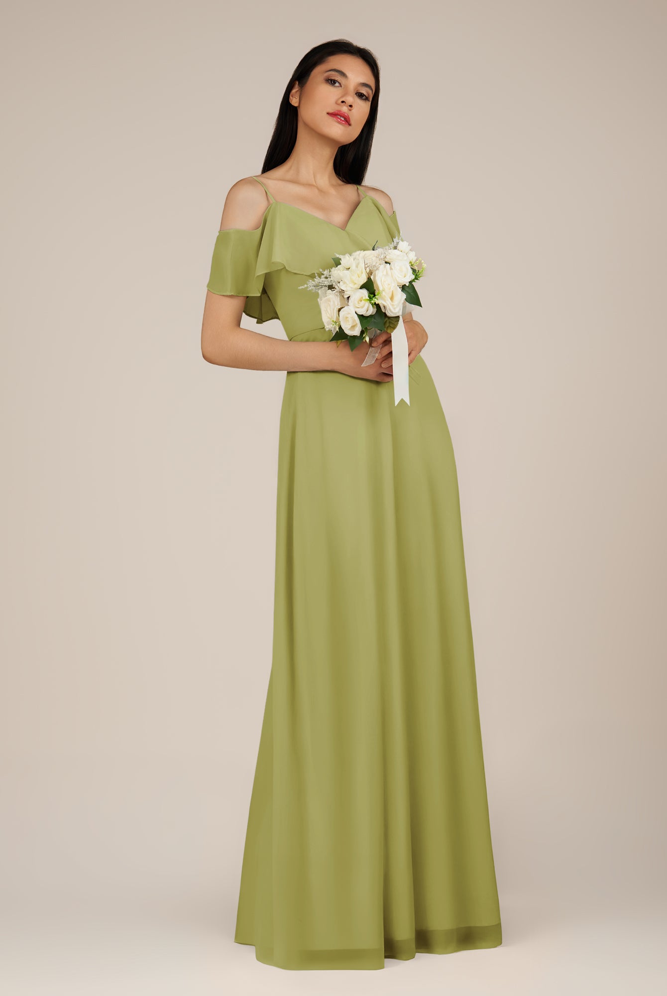 KissDress-Junessa Moss Green A Line Off the Shoulder Chiffon Long Bridesmaid Dress with Ruffles