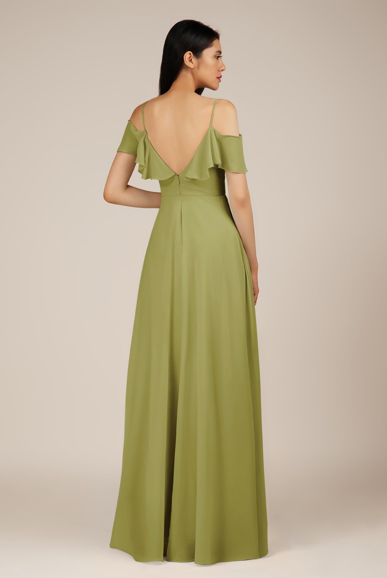 KissDress-Junessa Moss Green A Line Off the Shoulder Chiffon Long Bridesmaid Dress with Ruffles