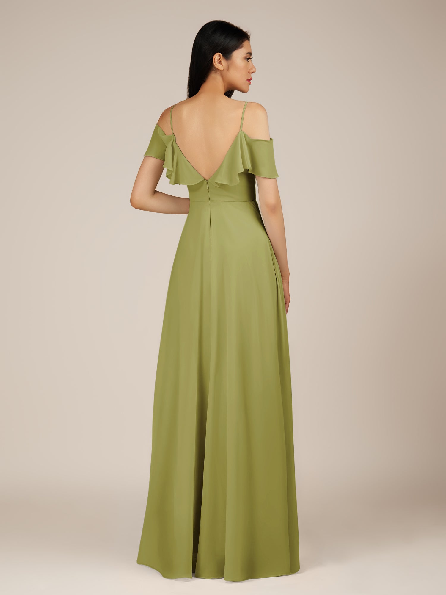 KissDress-Junessa Moss Green A Line Off the Shoulder Chiffon Long Bridesmaid Dress with Ruffles