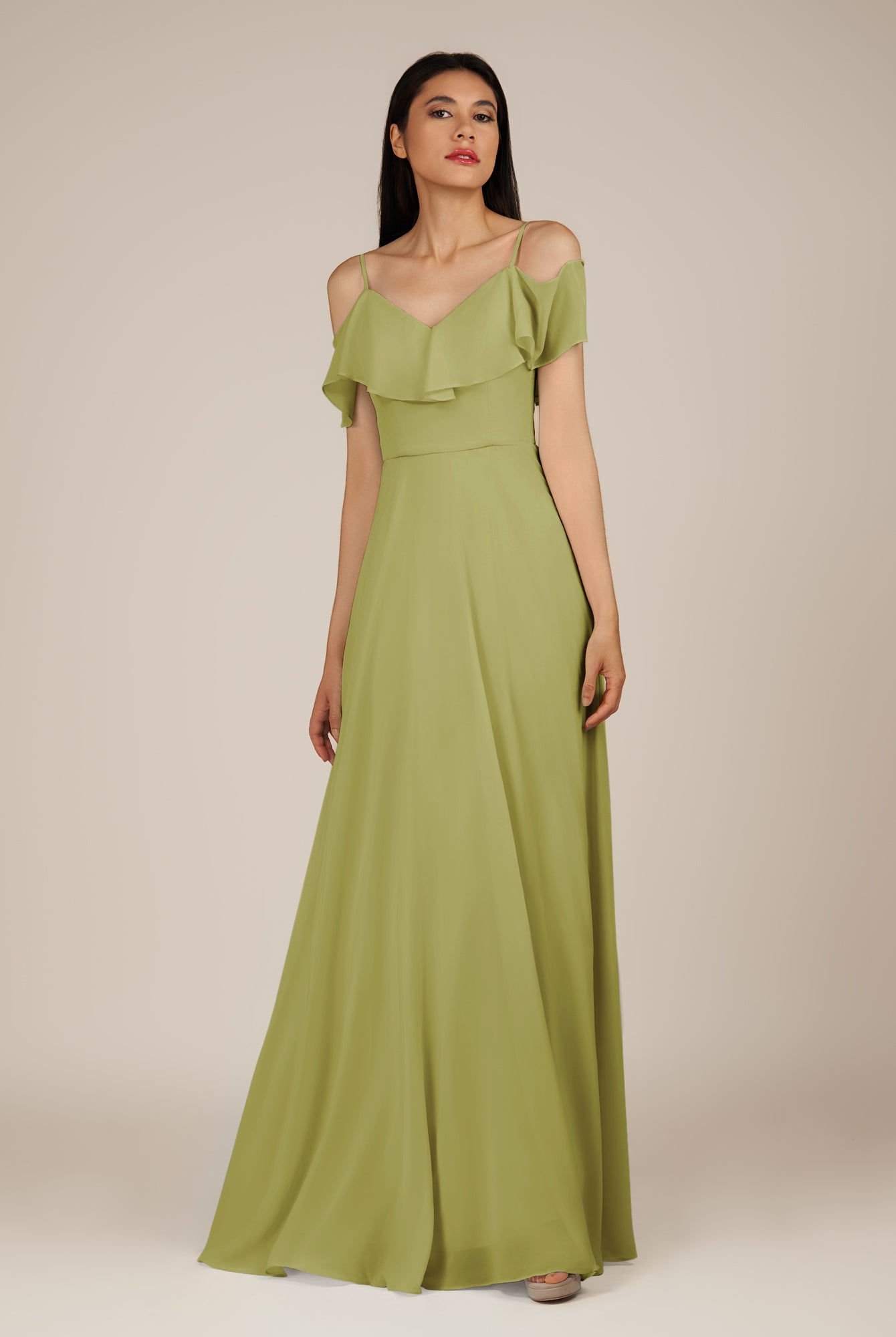 KissDress-Junessa Moss Green A Line Off the Shoulder Chiffon Long Bridesmaid Dress with Ruffles